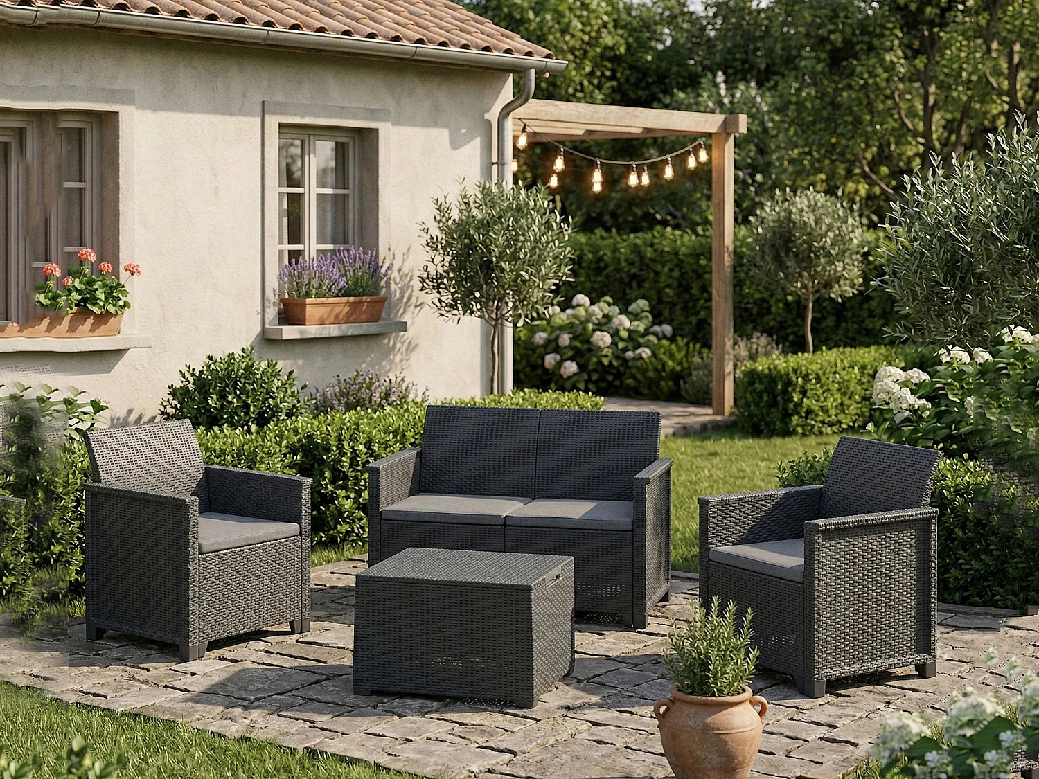 Orillia loungeset voor buiten, 3 zitplaatsen, antracietzwart, buiten zithoek, 1 bijzettafel met opbergruimte