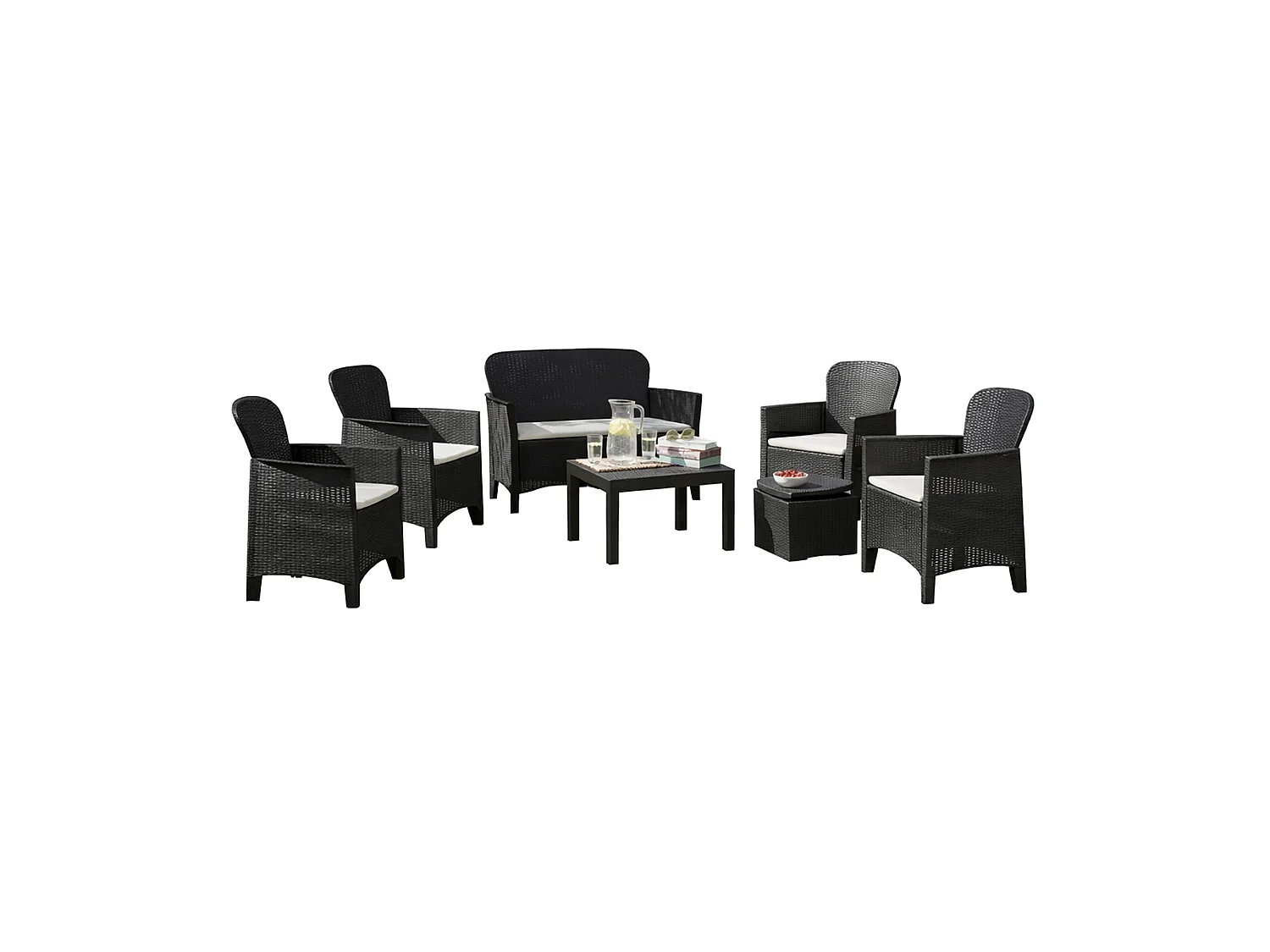 Set Salotto da Esterno Dervio, 6 Posti Made in Italy, Nero Antracite, Salottino Outdoor, 2 Tavolini, Impermeabile Idrorepellente