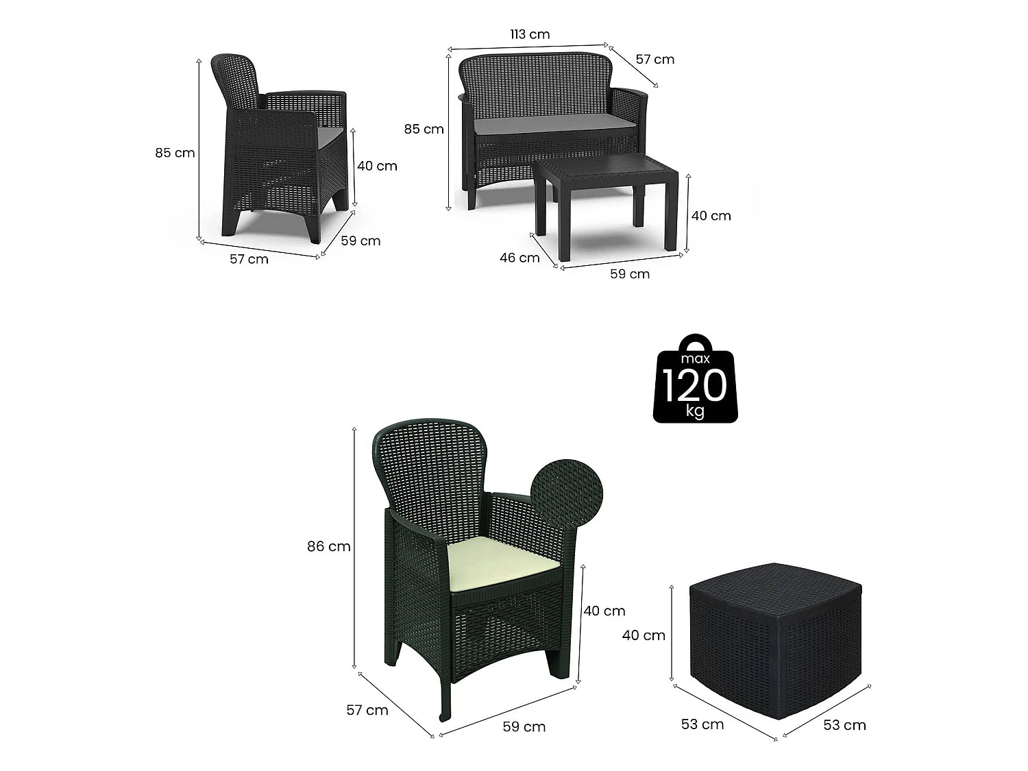 Set Salotto da Esterno Dervio, 6 Posti Made in Italy, Nero Antracite, Salottino Outdoor, 2 Tavolini, Impermeabile Idrorepellente