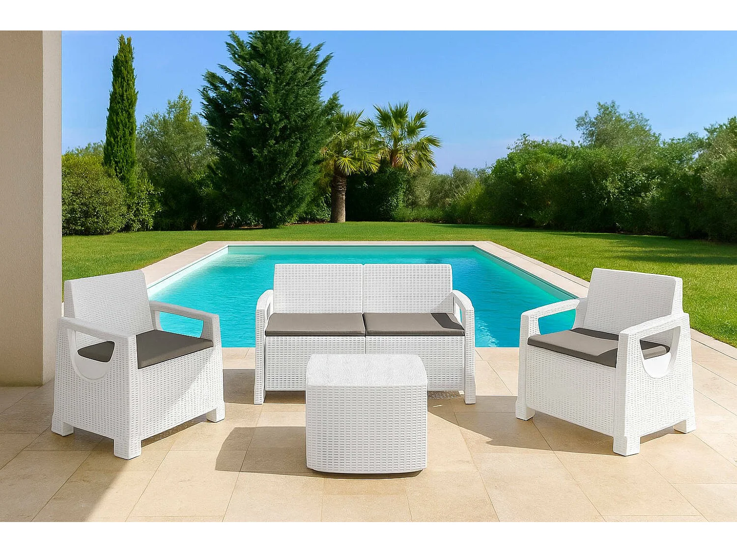 Set de Salon Extérieur Triulzi, 4 Places, Fabriqué en Italie, Blanc, Petit Salon Outdoor