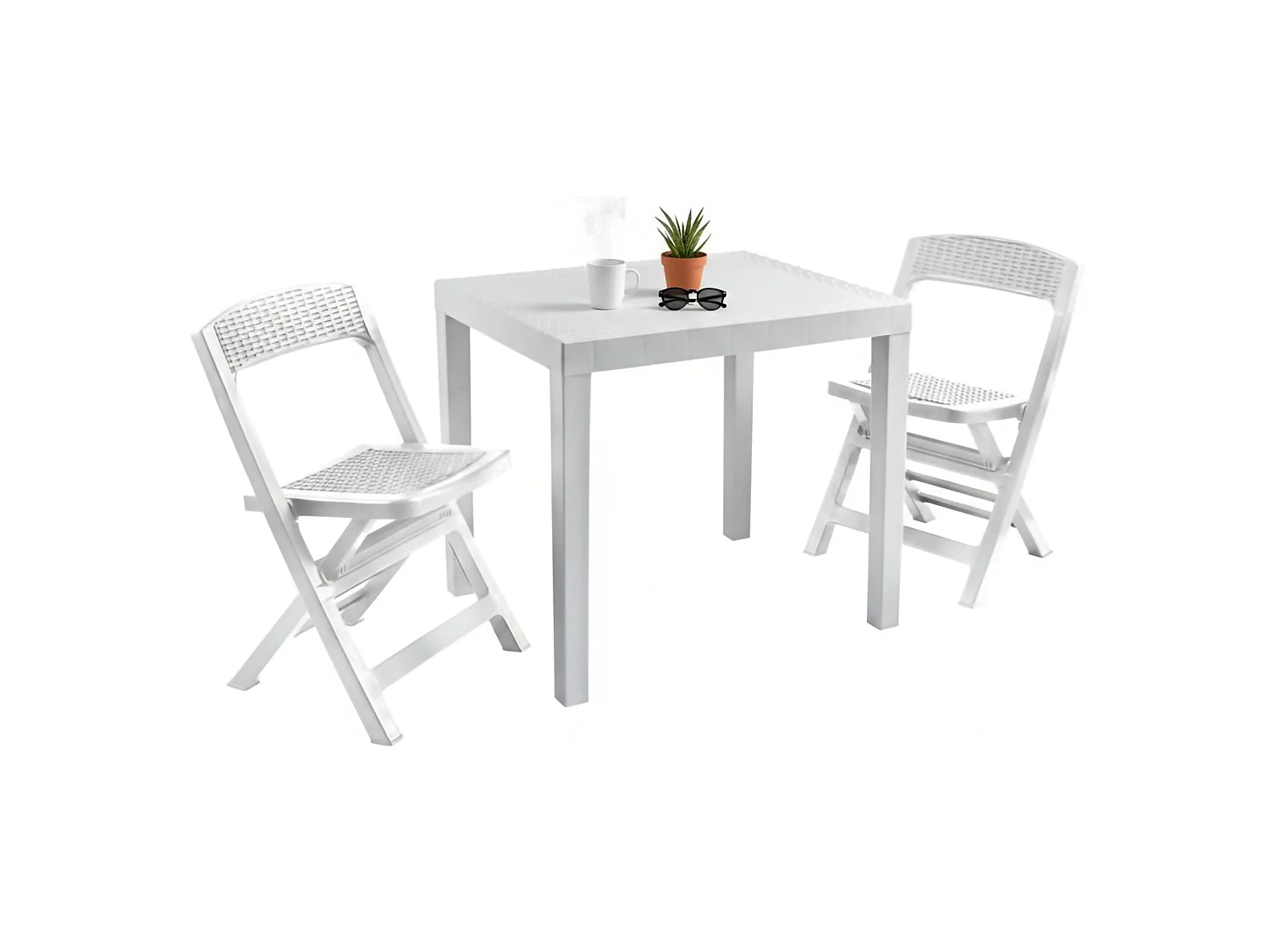 Set Salotto da Esterno Corinth, 2 Posti Made in Italy, Bianco, Salottino Outdoor, un Tavolino, Finitura Effetto Rattan