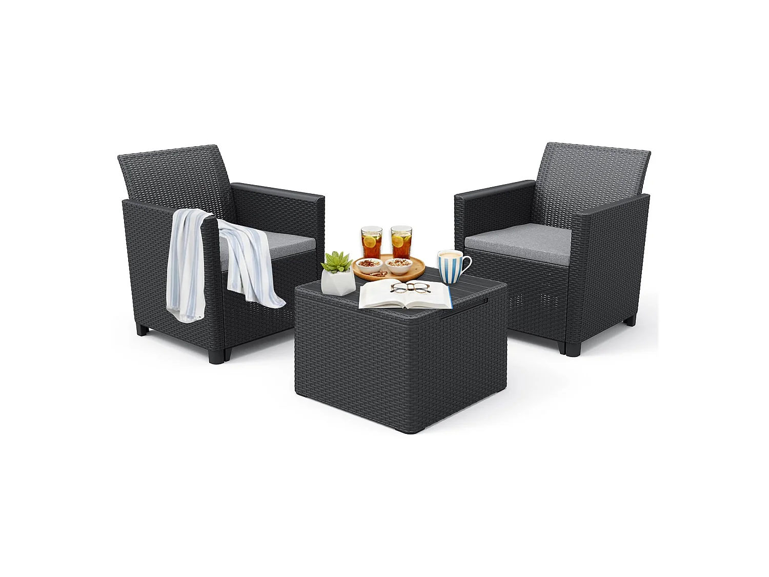 Buitenlounge-set Barrie, 2-zits, antracietzwart, buiten loungeset, met bijzettafel, opbergtafel