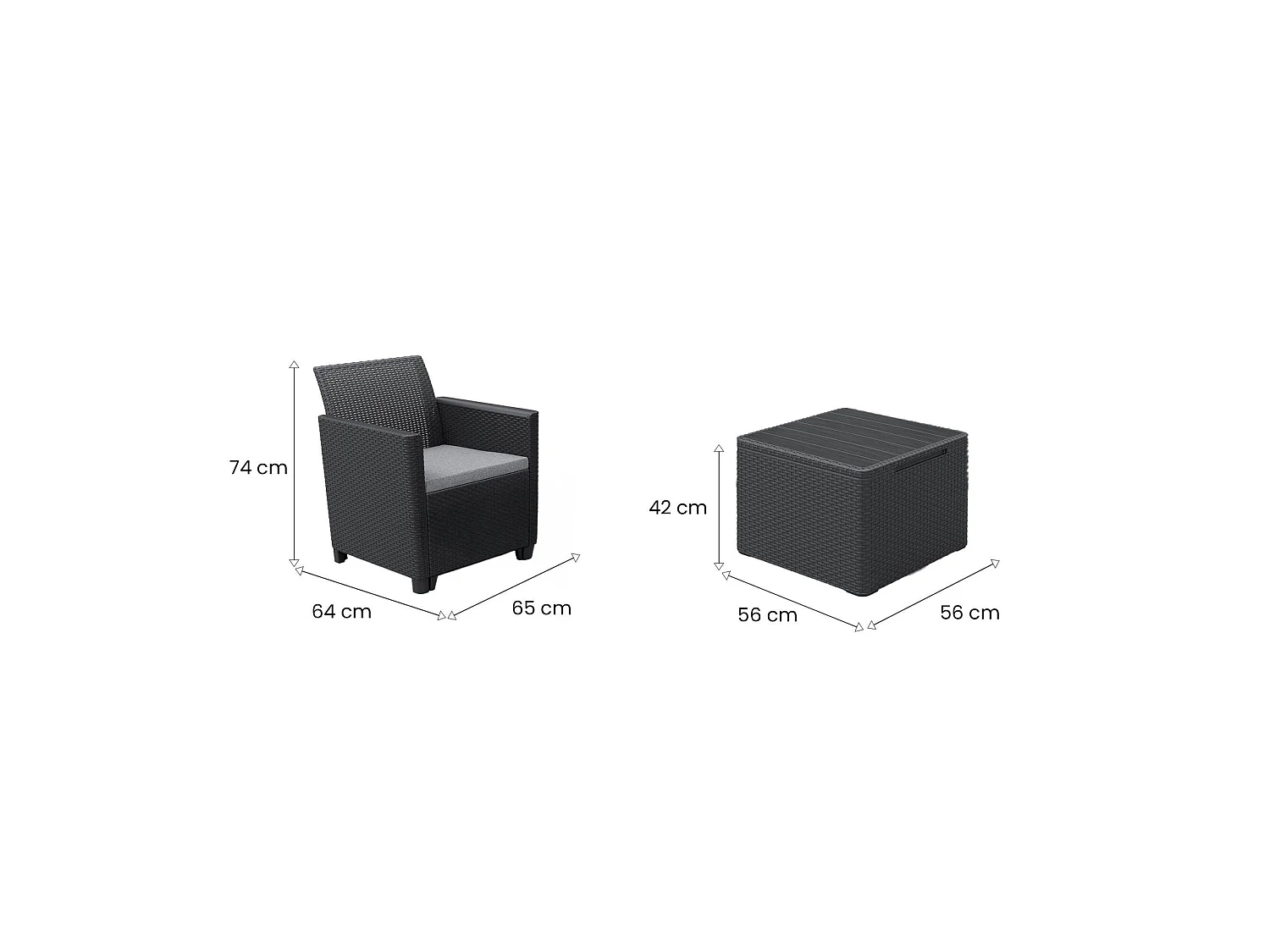 Buitenlounge-set Barrie, 2-zits, antracietzwart, buiten loungeset, met bijzettafel, opbergtafel