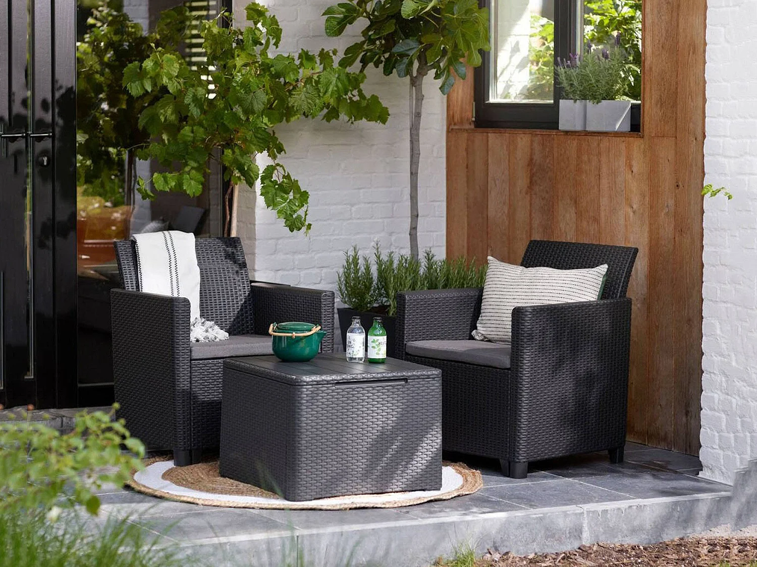 Buitenlounge-set Barrie, 2-zits, antracietzwart, buiten loungeset, met bijzettafel, opbergtafel
