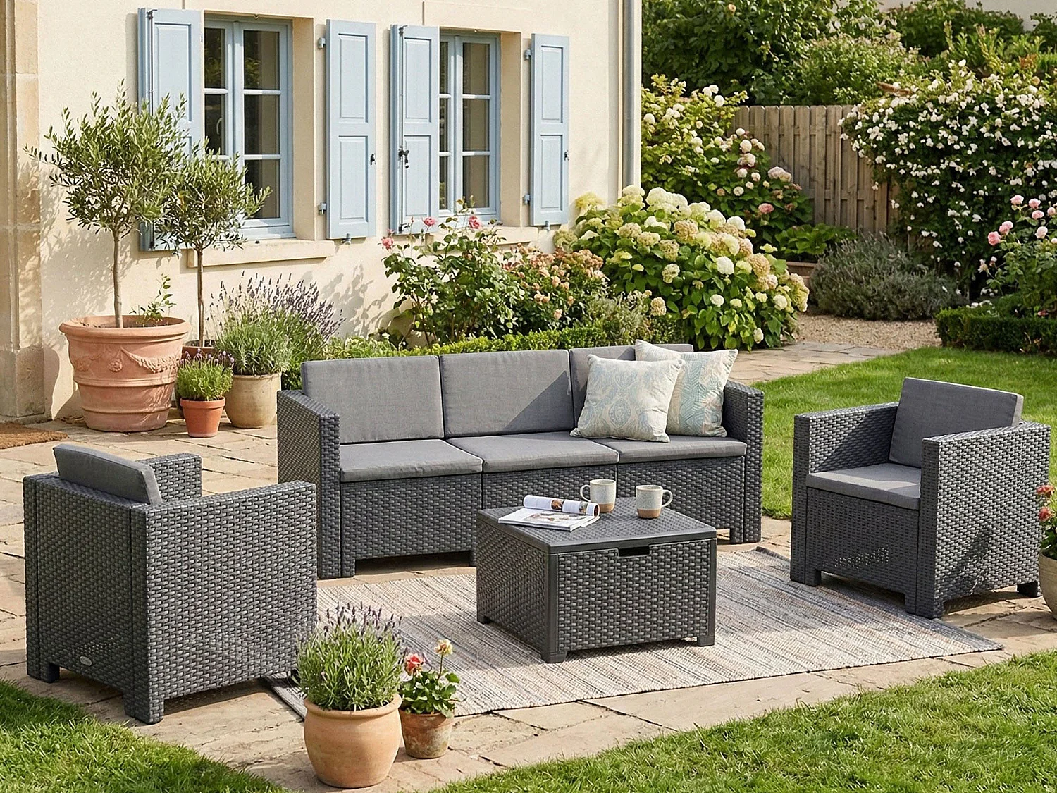 Salon de Jardin Cameri, 5 Places Made in Italy, Noir Anthracite, Ensemble d'Extérieur