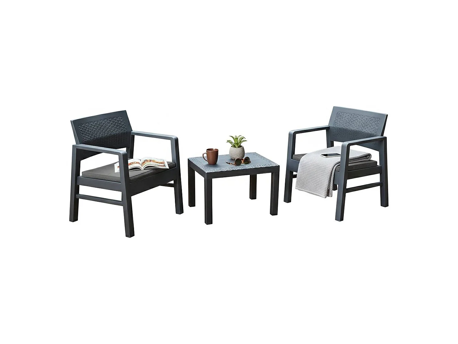 Set Salotto da Esterno Floritan, 2 Posti Made in Italy, Nero Antracite, Salottino Outdoor, un Tavolino, Cuscini Inclusi
