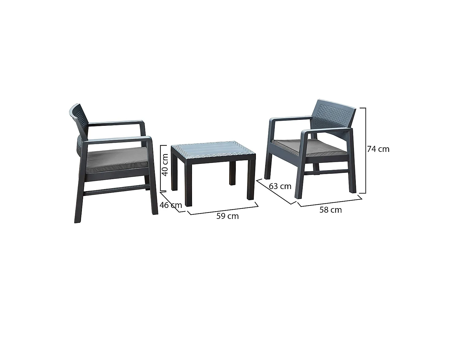 Set Salotto da Esterno Floritan, 2 Posti Made in Italy, Nero Antracite, Salottino Outdoor, un Tavolino, Cuscini Inclusi