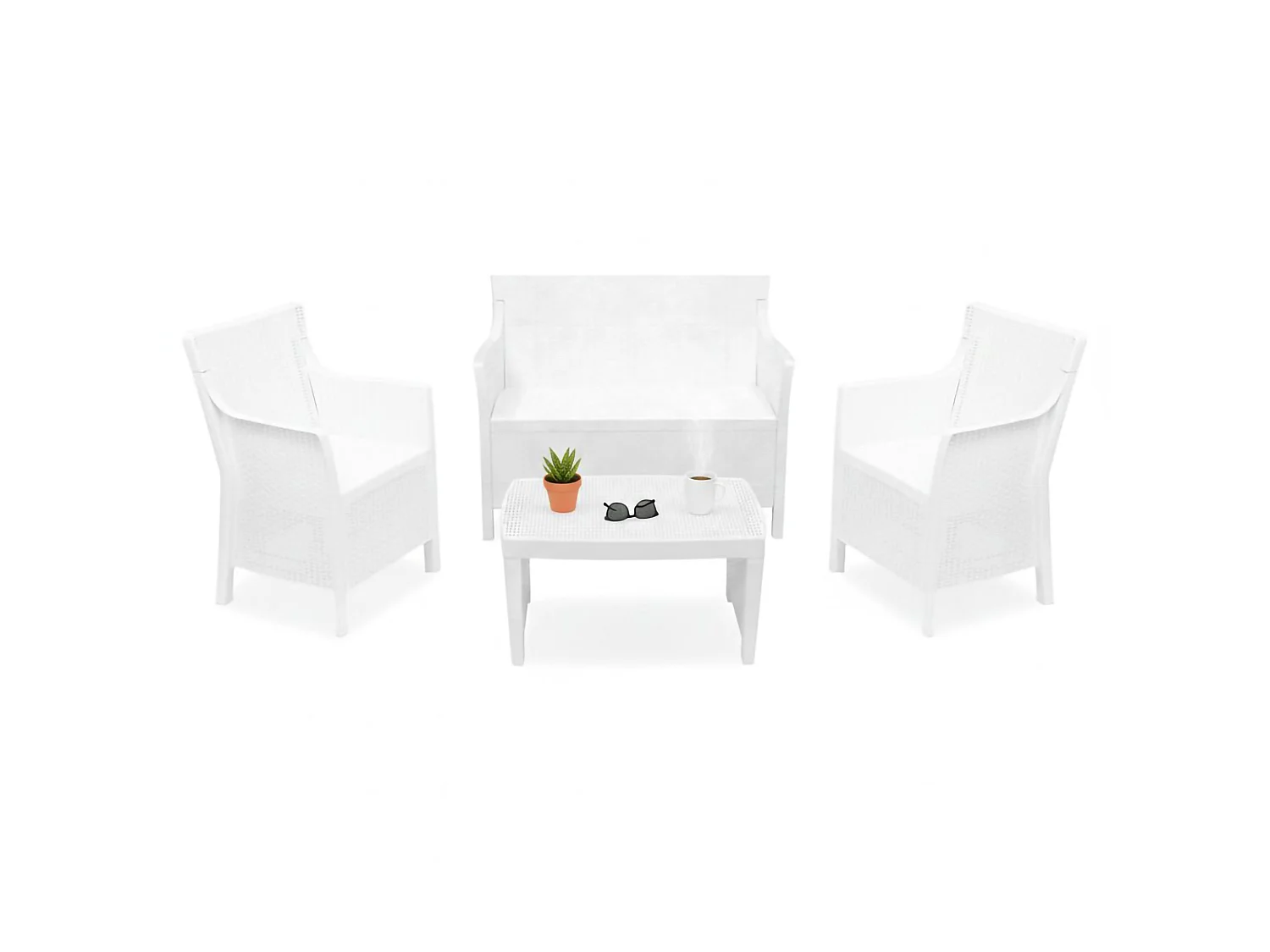 Set Salotto da Esterno Lasca, 4 Posti Made in Italy, Bianco, Salottino Outdoor, un Tavolino, Finitura Effetto Rattan