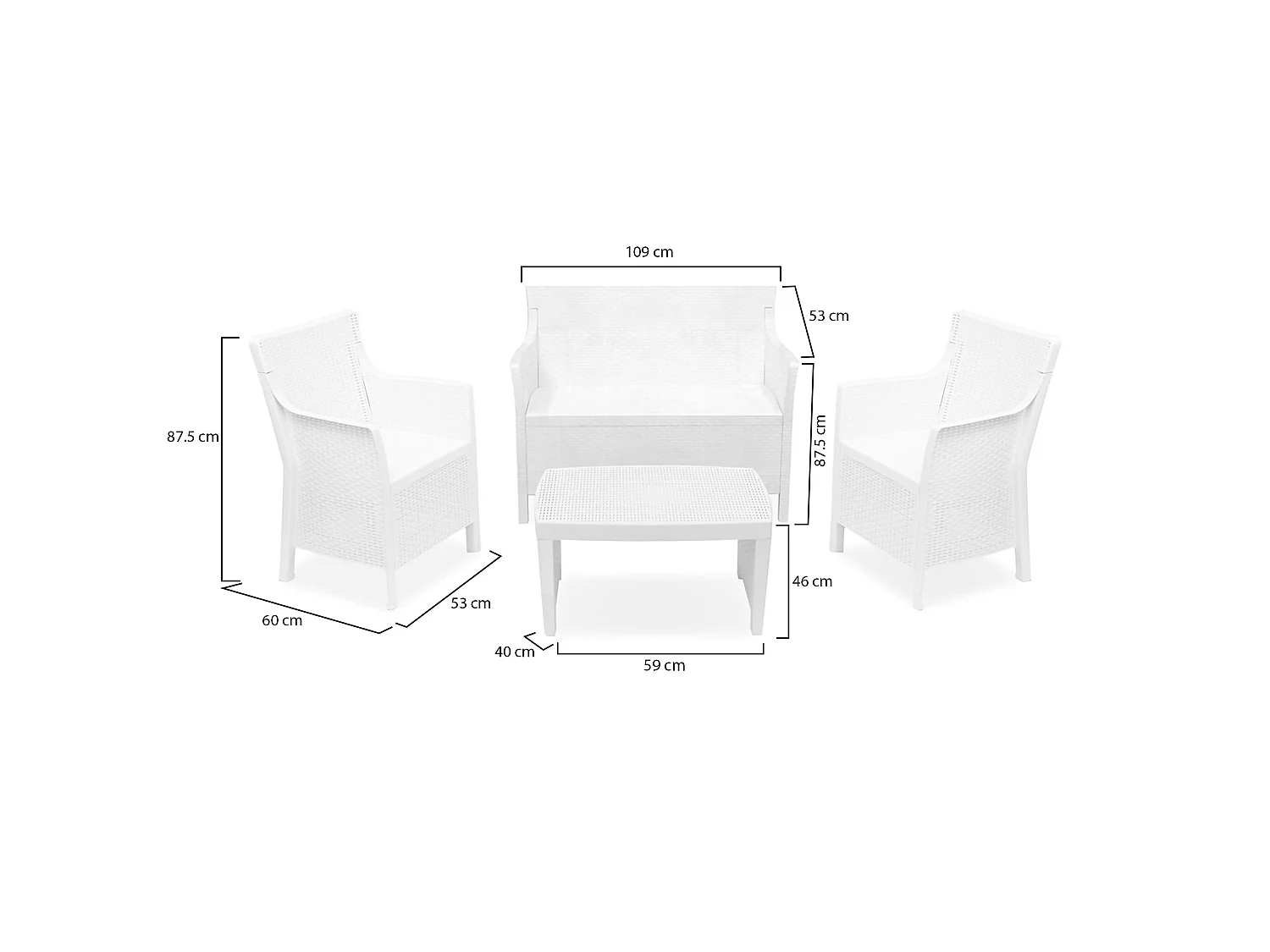 Set Salotto da Esterno Lasca, 4 Posti Made in Italy, Bianco, Salottino Outdoor, un Tavolino, Finitura Effetto Rattan