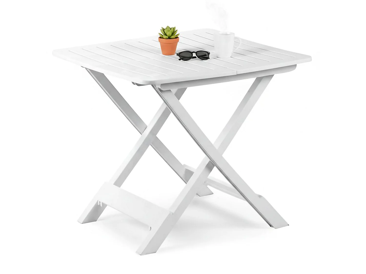 Table d'extérieur Ruthton, 4 places Made in Italy, 79x72x70h cm Blanc, Table Pliante, Finition à Rayures