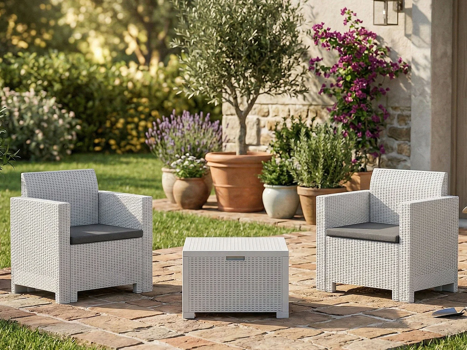 Ensemble de salon d'extérieur Dkrajn, Ensemble de jardin avec coussins, Ensemble de salon d'intérieur effet rotin, 100% Made in Italy, Blanc