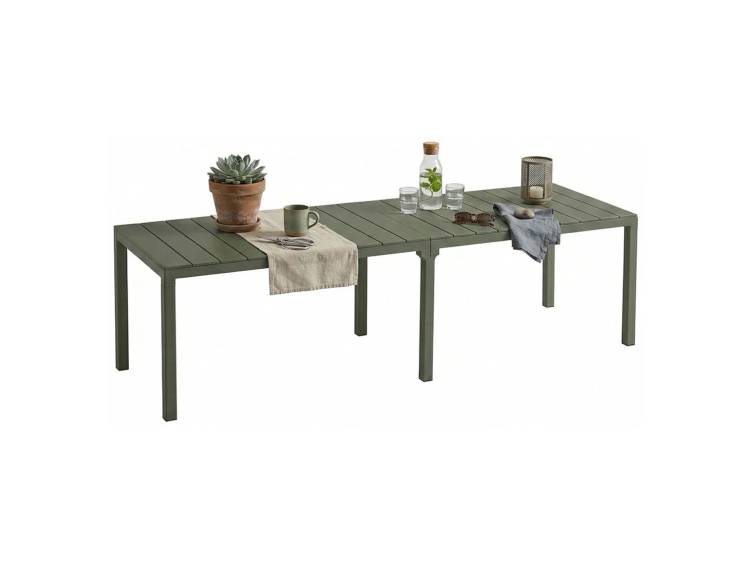 Campana buitentafel, 12 plaatsen, Gemaakt in Italië, 292x86x74h cm groen, multipositie uitschuifmechanisme, uv-bestendig, waterdicht