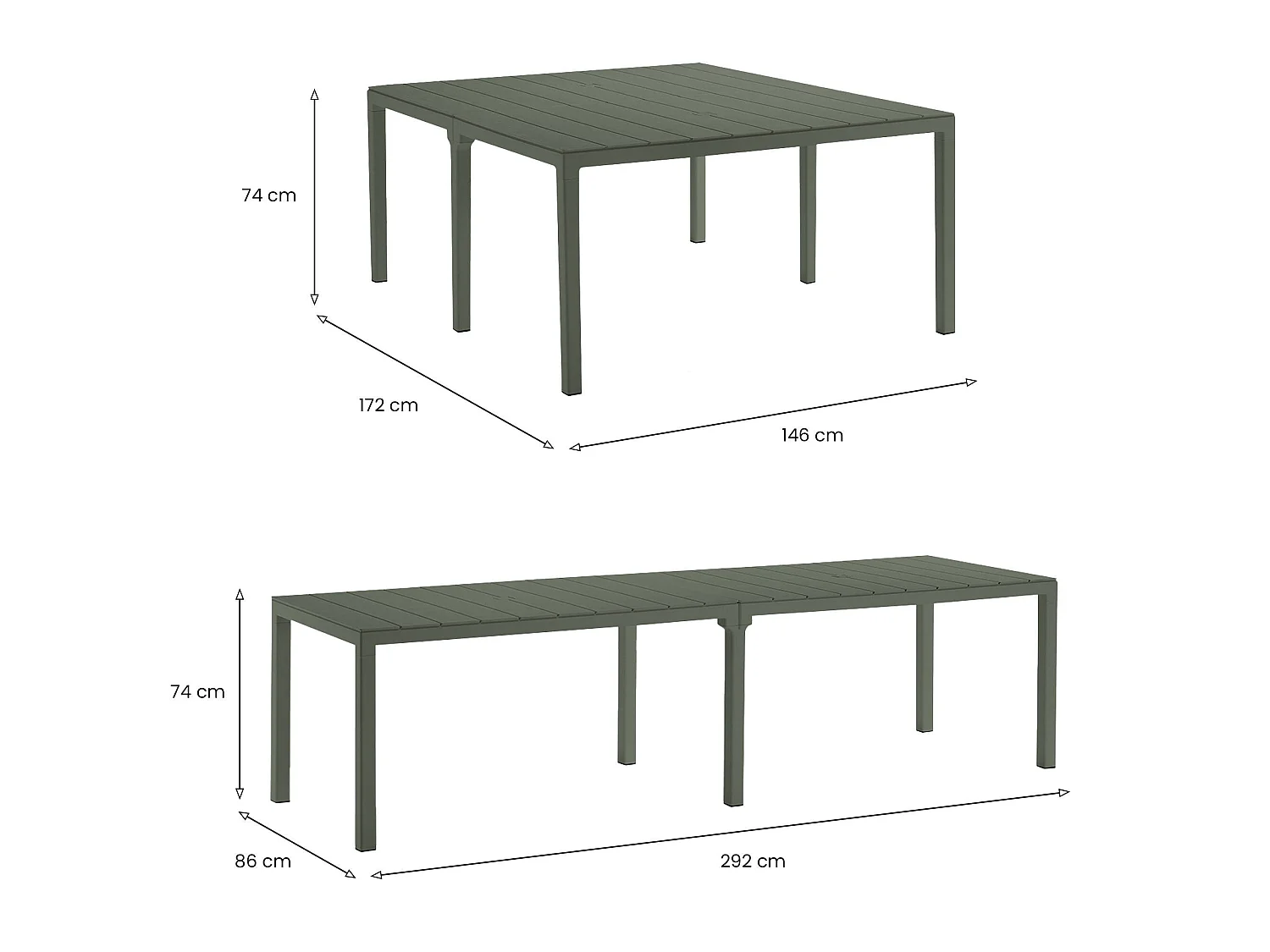 Campana buitentafel, 12 plaatsen, Gemaakt in Italië, 292x86x74h cm groen, multipositie uitschuifmechanisme, uv-bestendig, waterdicht