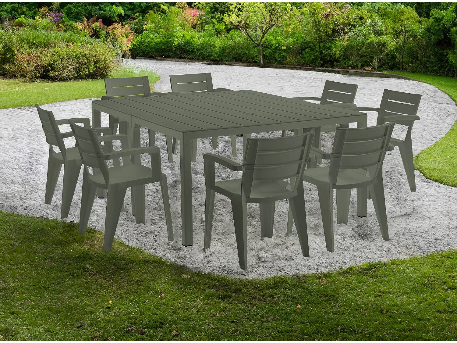Campana buitentafel, 12 plaatsen, Gemaakt in Italië, 292x86x74h cm groen, multipositie uitschuifmechanisme, uv-bestendig, waterdicht