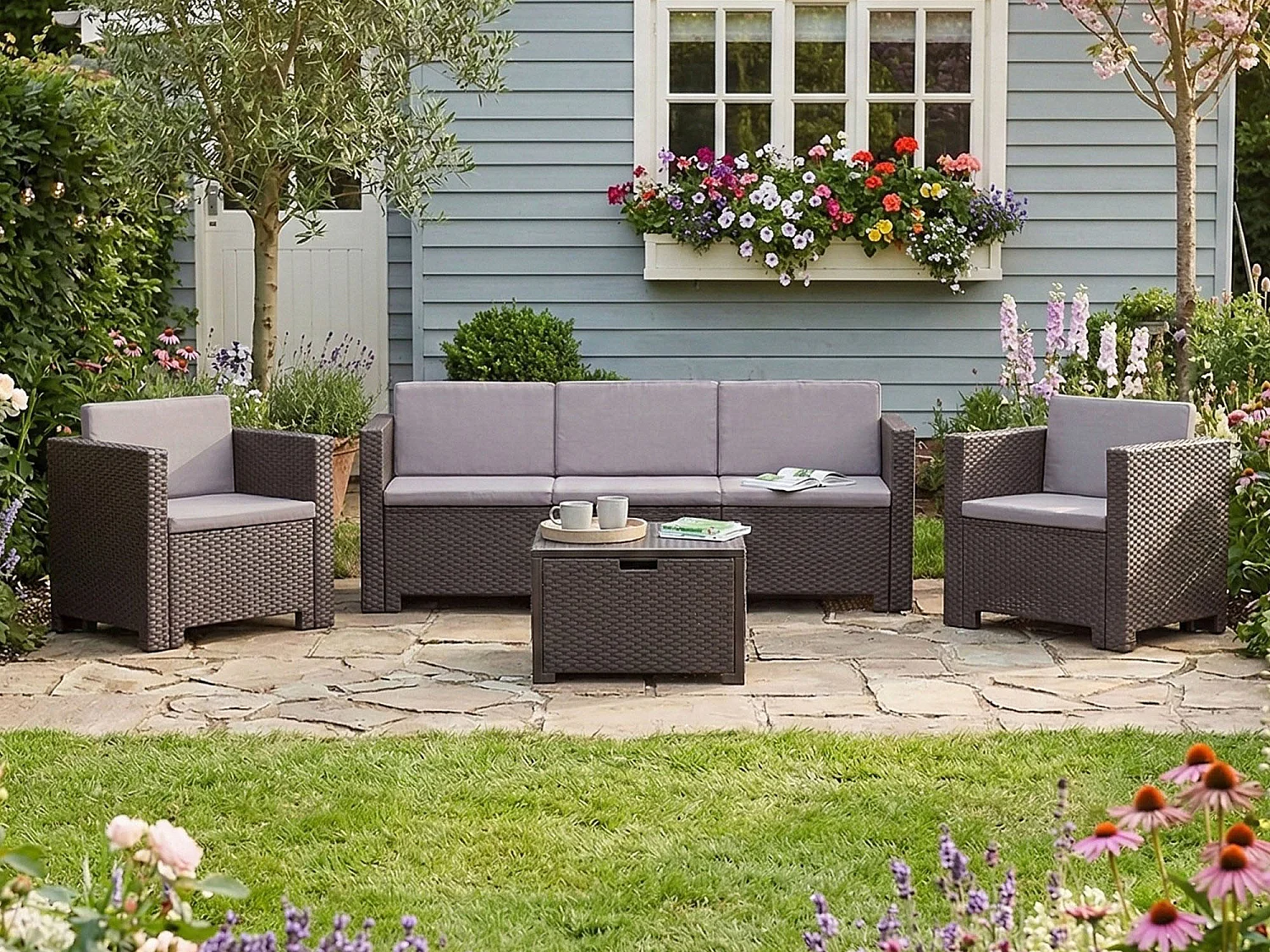 Salon de Jardin Cameri, 5 Places Made in Italy, Marron, Set Extérieur