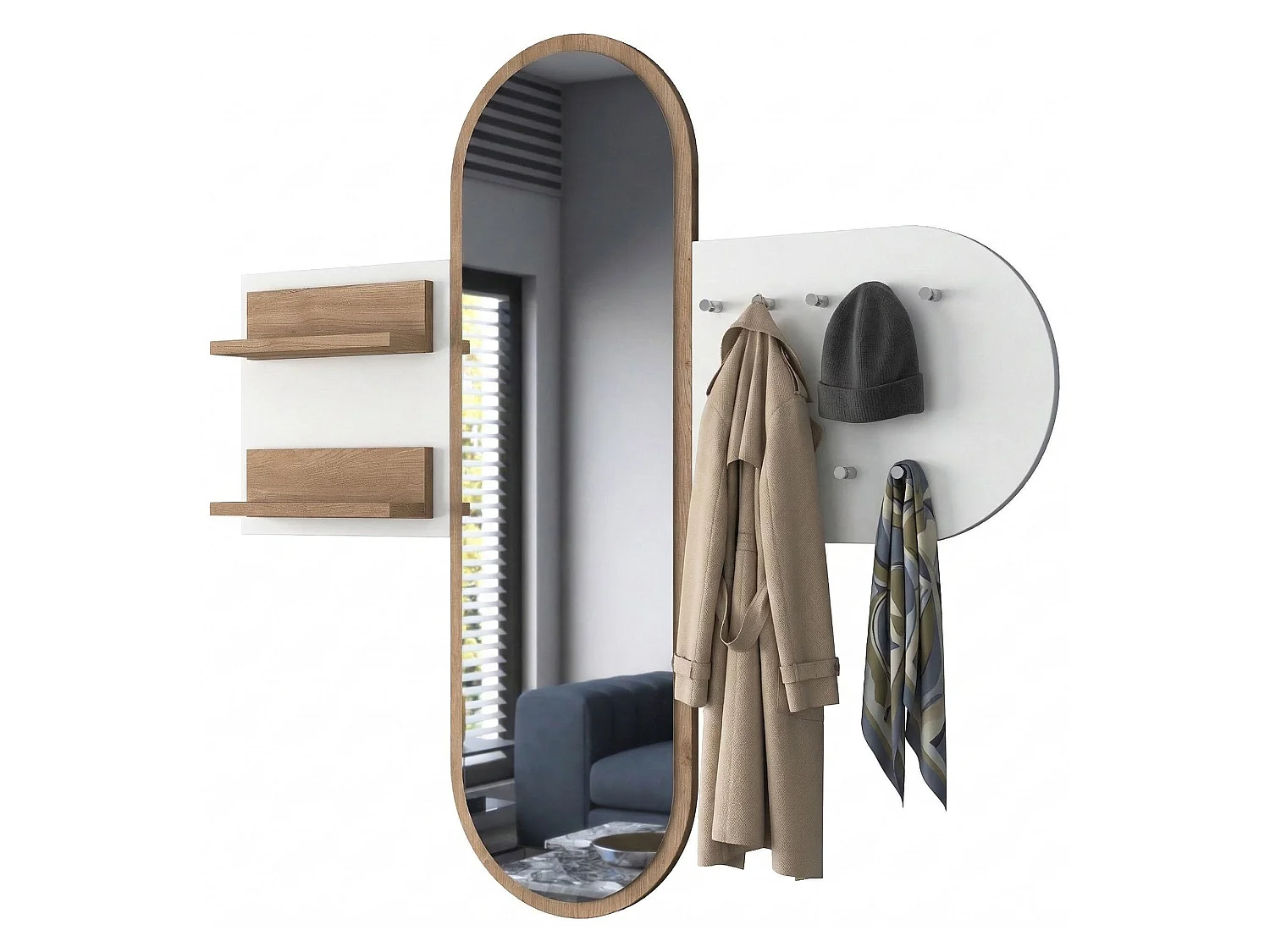 Porte-manteau Garde, avec Miroir, 120h cm Blanc, 9 Crochets, Fixation Murale