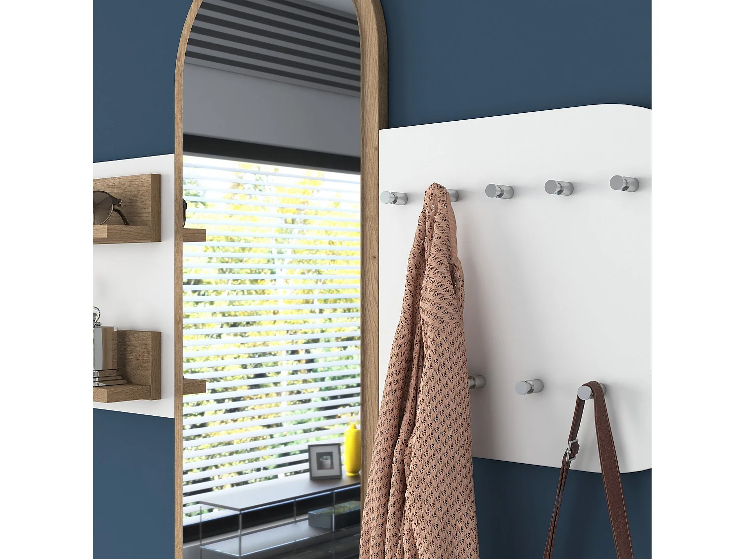 Porte-manteau Garde, avec Miroir, 120h cm Blanc, 9 Crochets, Fixation Murale