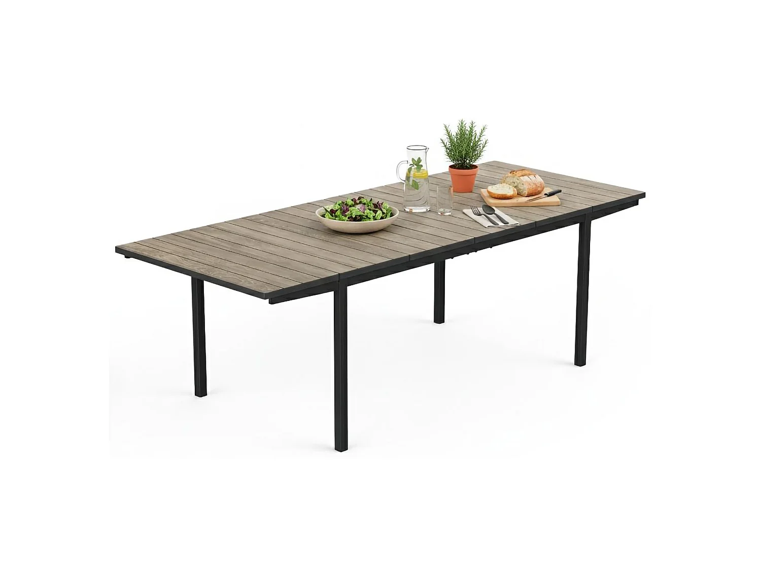 Table d'extérieur Hannibal, 8 places, 229x90x76h cm, noyer brun, extensions latérales, finition effet bois