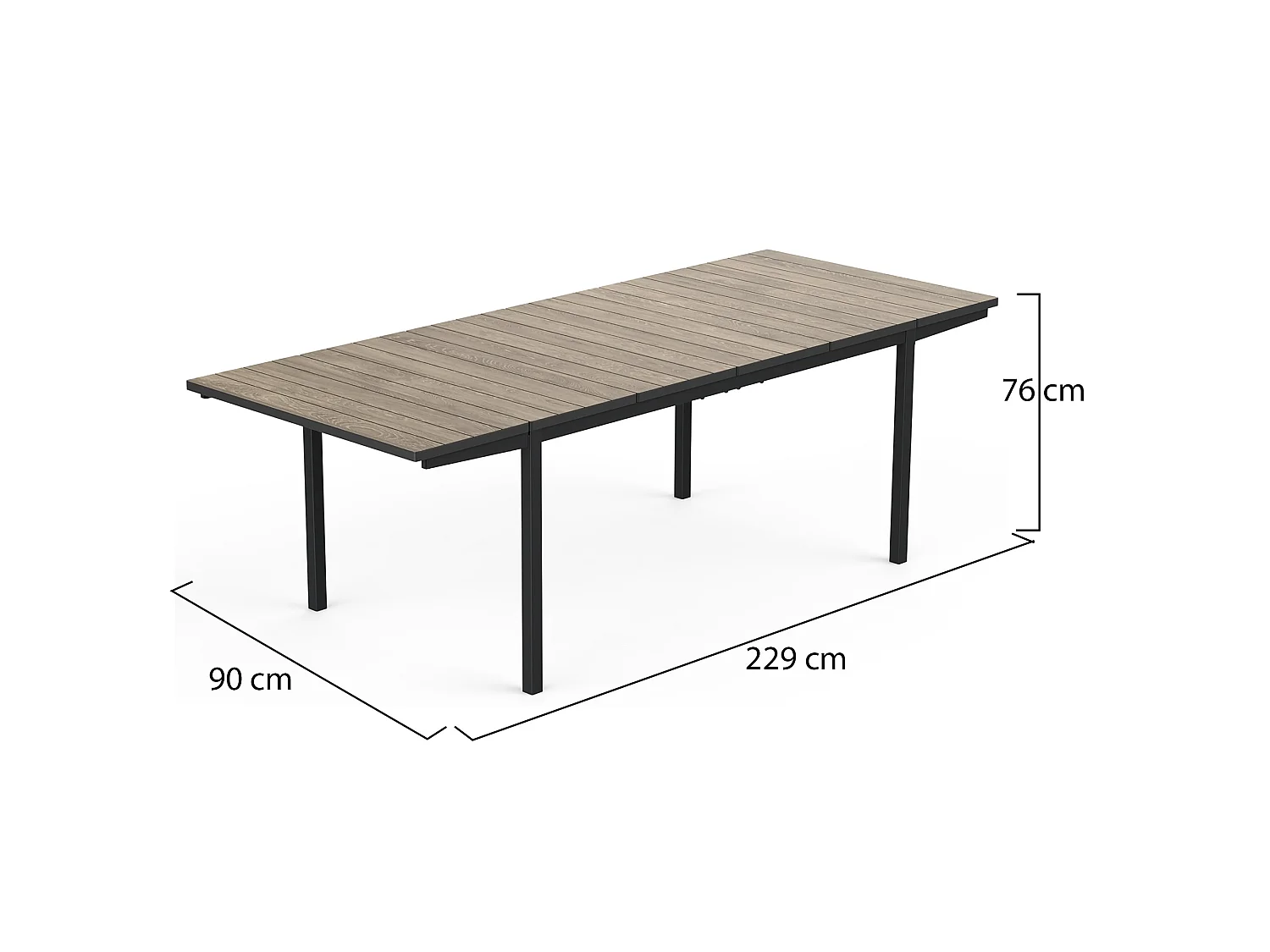 Table d'extérieur Hannibal, 8 places, 229x90x76h cm, noyer brun, extensions latérales, finition effet bois