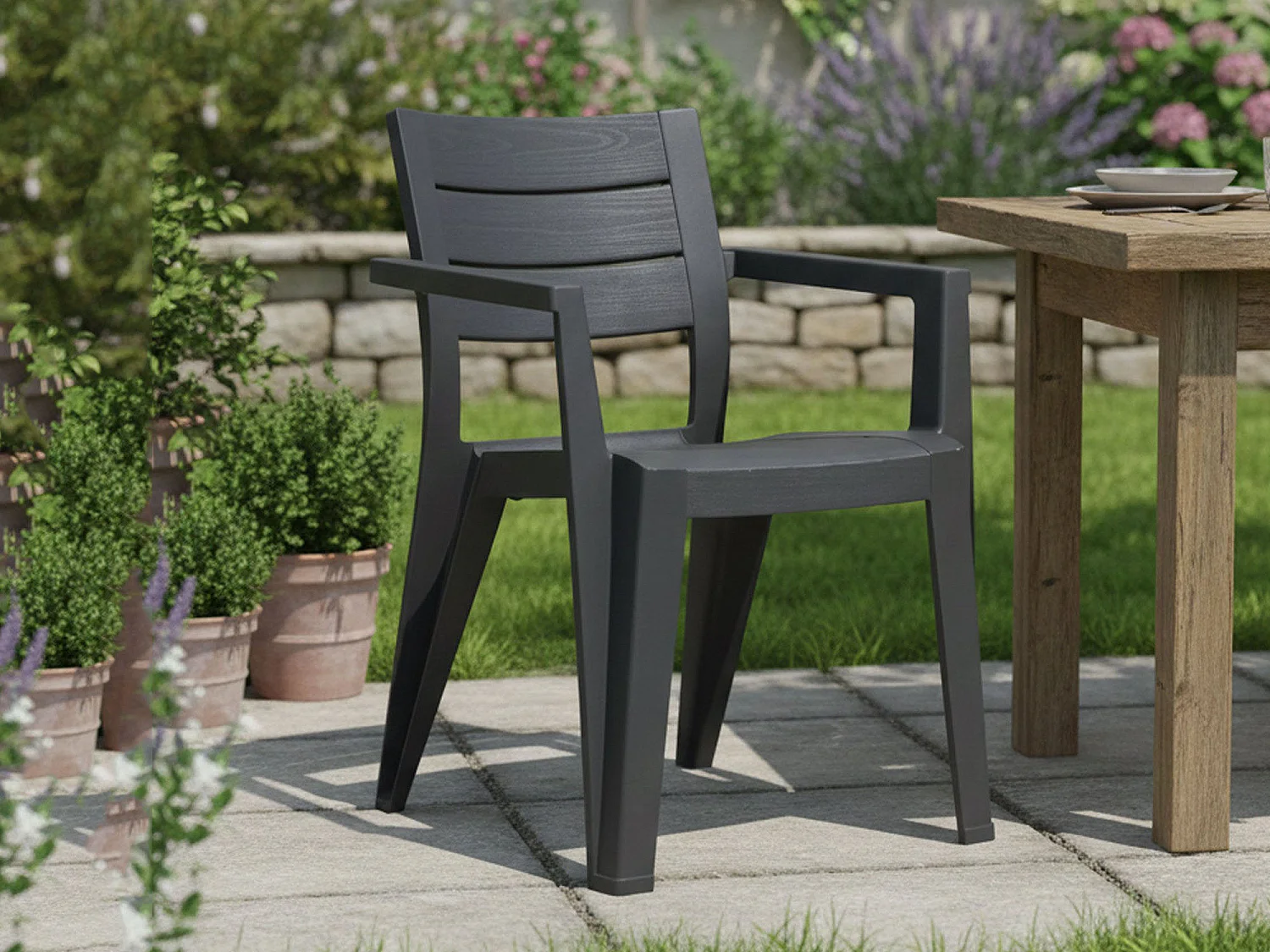 Courtenay tuinstoel, 6 stoelen, antracietgrijs, stapelbaar, kunststof frame