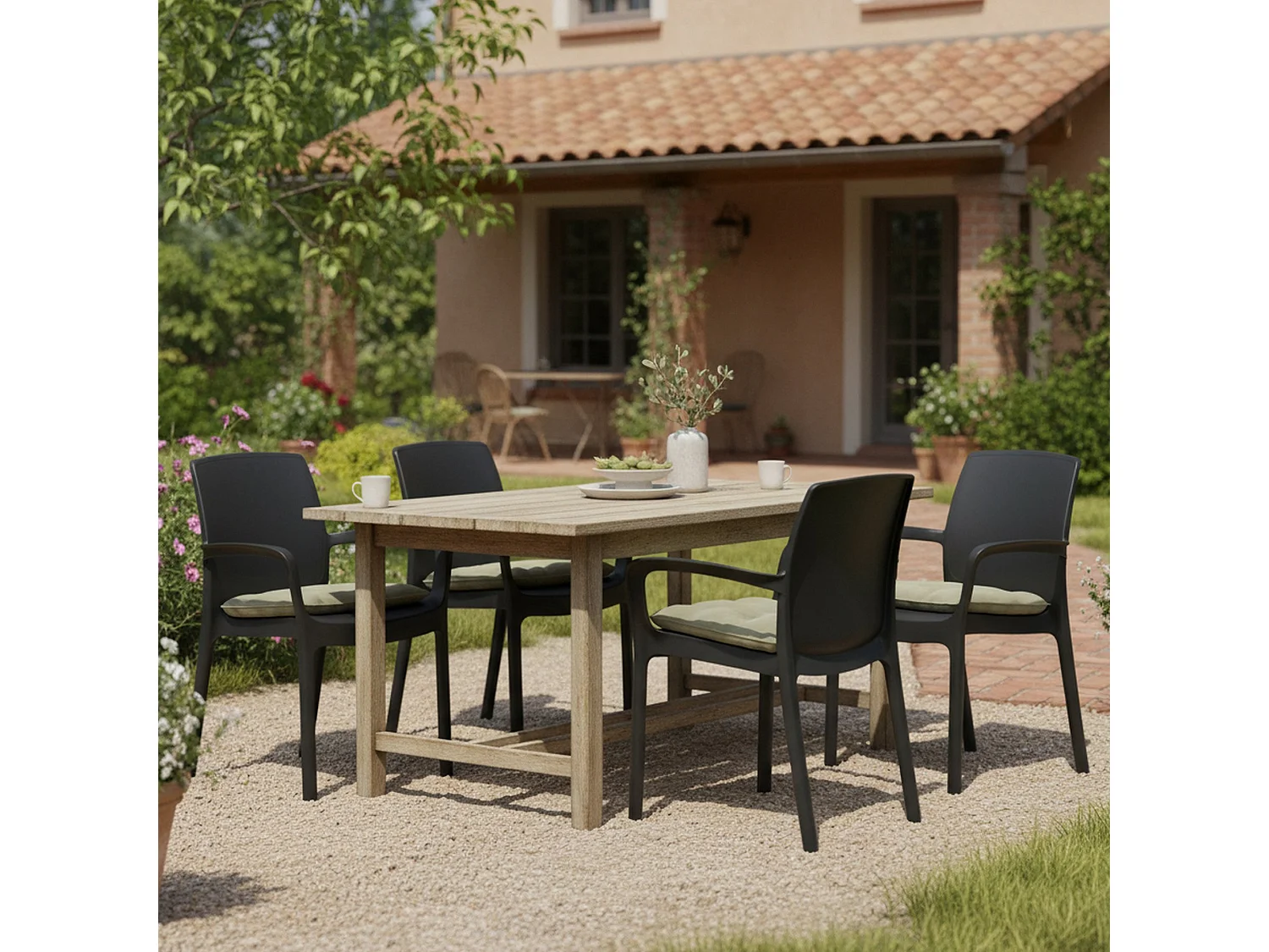 Sedia da Esterno Sapps, 4 Sedie Made in Italy, Nero Antracite, Impilabile, Finitura Liscia