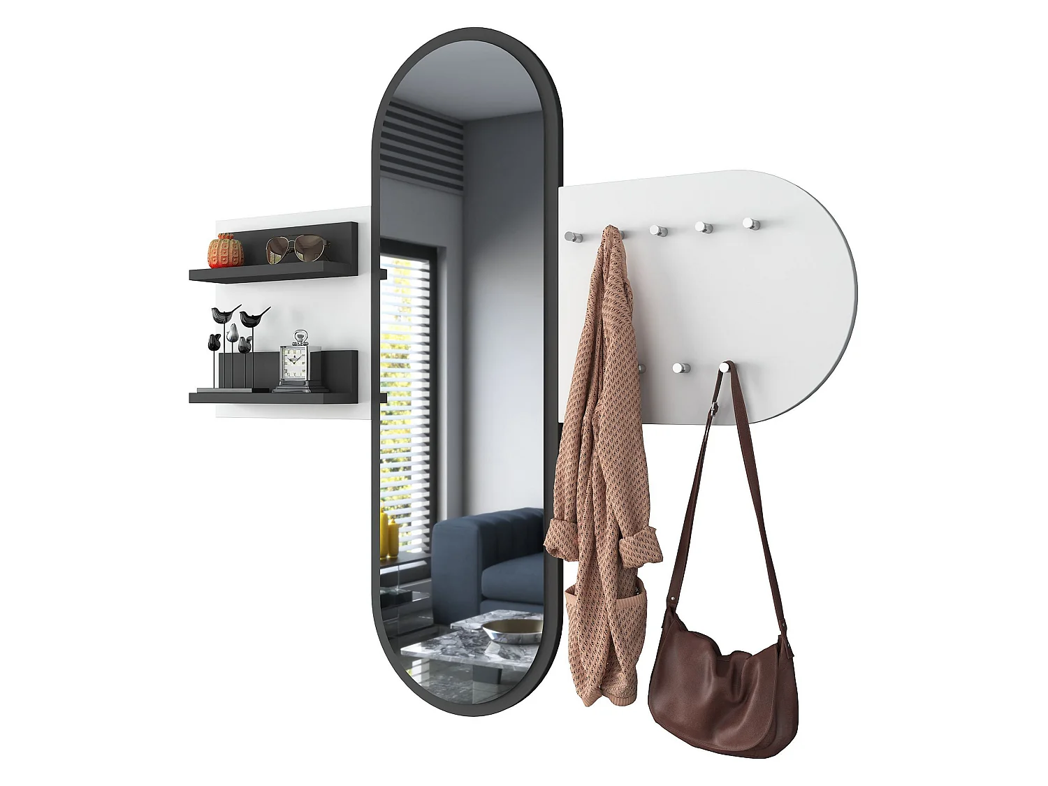 Garderobe "Guardia", mit Spiegel, 120 cm hoch, Weiß, 9 Haken, Wandmontage
