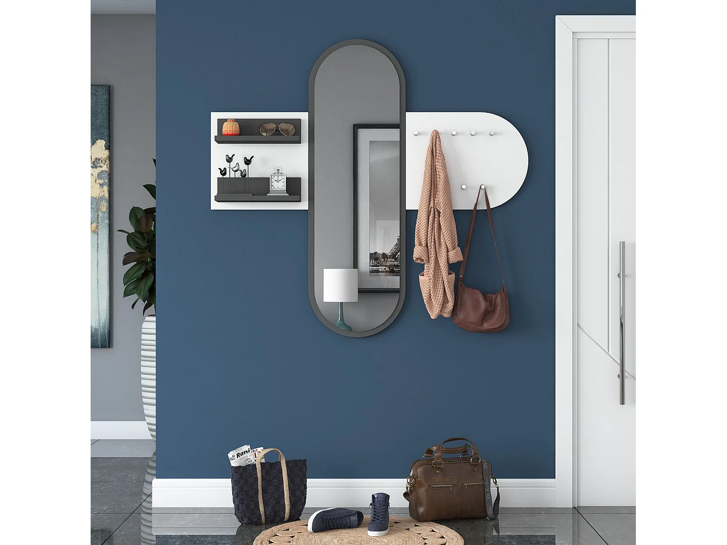 Garderobe "Guardia", mit Spiegel, 120 cm hoch, Weiß, 9 Haken, Wandmontage