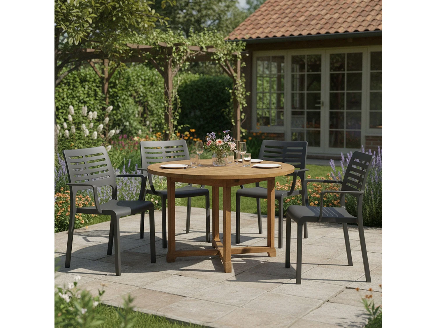 Sedia da Esterno Hero, 4 Sedie Made in Italy, Nero Antracite, Finitura a Righe, Braccioli