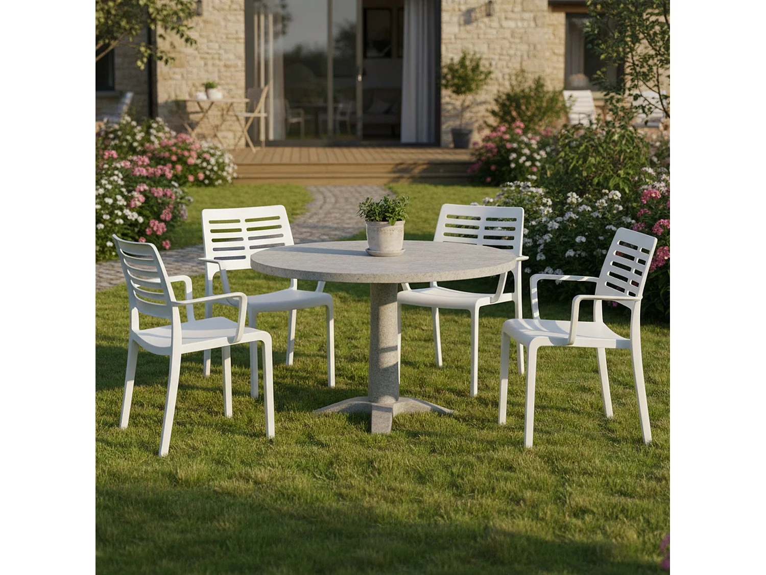 Sedia da Esterno Hero, 4 Sedie Made in Italy, Bianco, Finitura a Righe, Braccioli