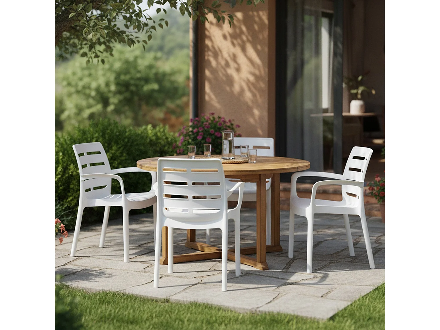 Sedia da Esterno Excel, 4 Sedie Made in Italy, Bianco, Impilabile, Finitura a Doghe
