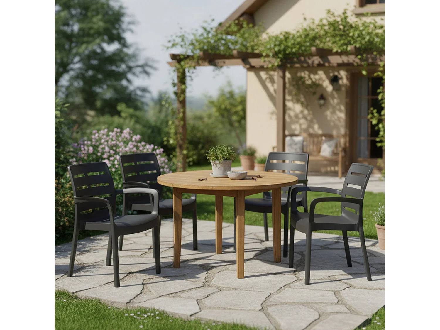 Sedia da Esterno Excel, 4 Sedie Made in Italy, Nero, Impilabile, Finitura a Doghe