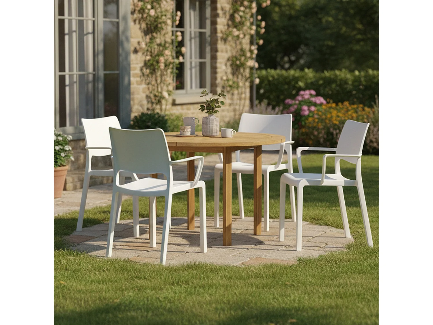 Sedia da Esterno Cambon, 4 Sedie Made in Italy, Bianco, Finitura Liscia, Braccioli