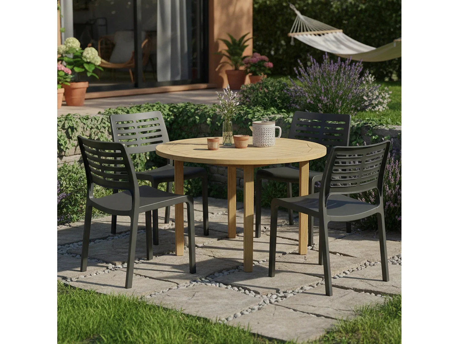 Sedia da Esterno Canoe, 4 Sedie Made in Italy, Nero Antracite, Impilabile, Finitura a Doghe