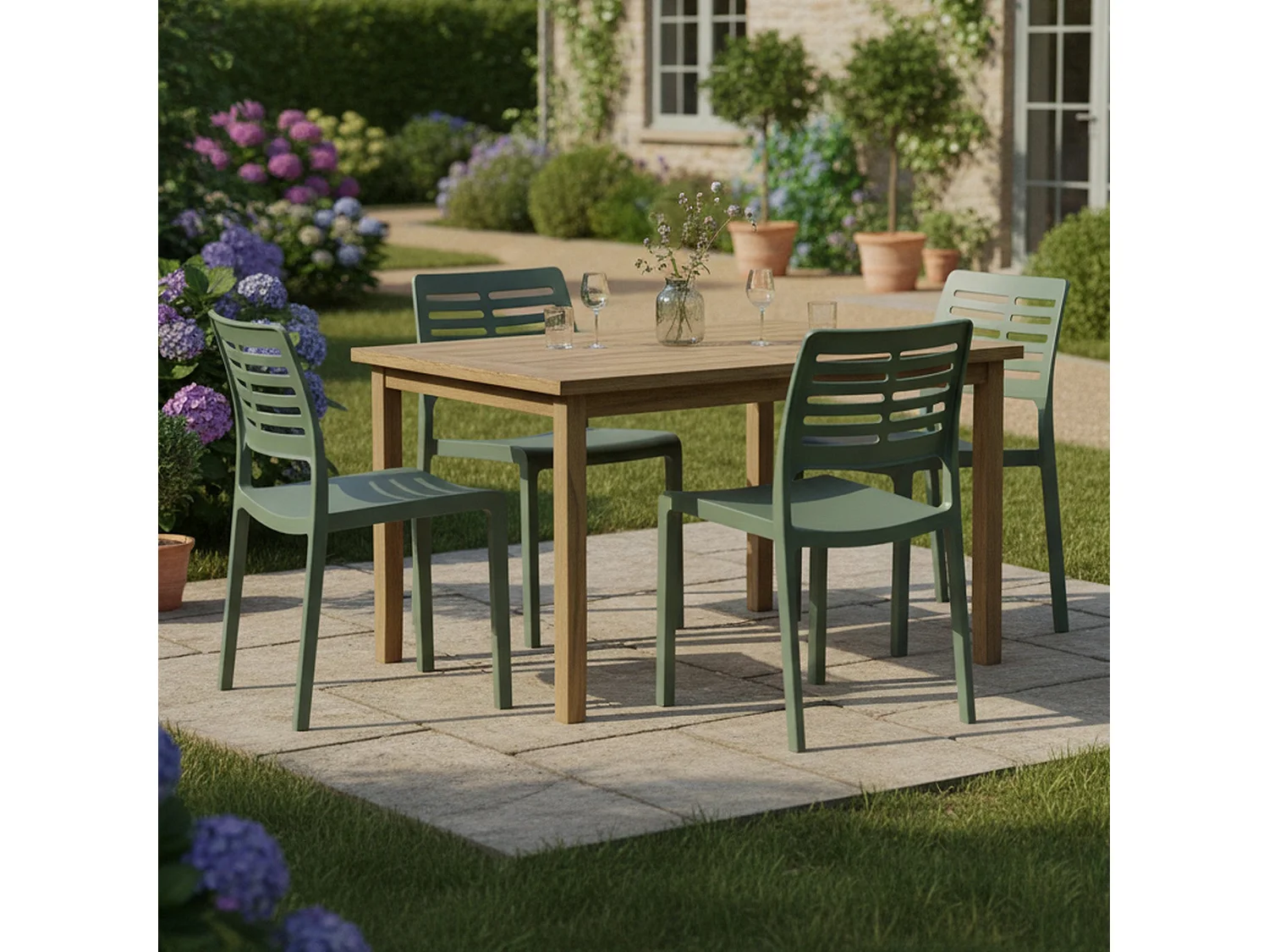 Sedia da Esterno Canoe, 4 Sedie Made in Italy, Verde, Impilabile, Finitura a Righe
