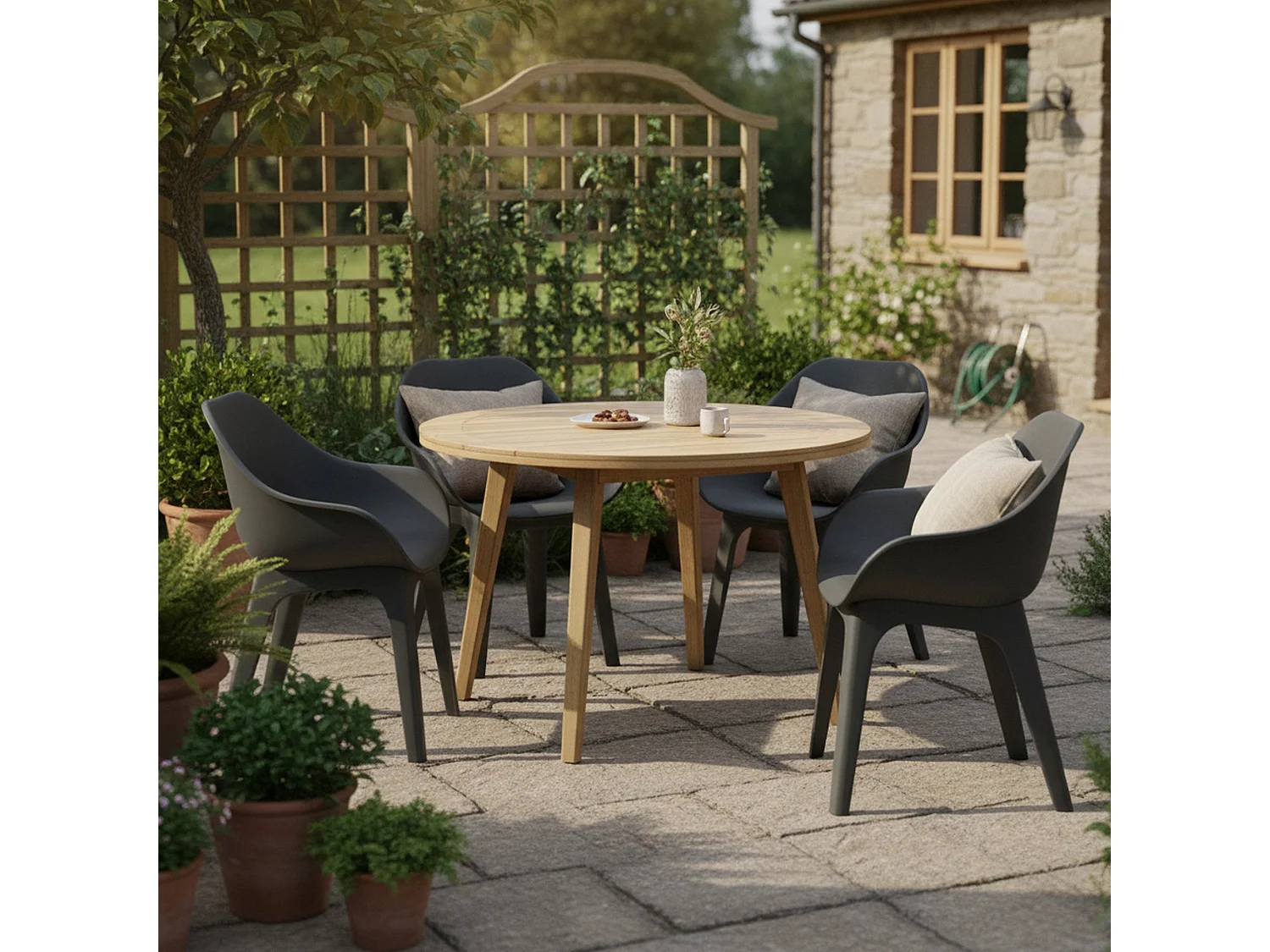 Sedia da Esterno Beachfield, 4 Sedie Made in Italy, Nero Antracite, Finitura Liscia, Braccioli
