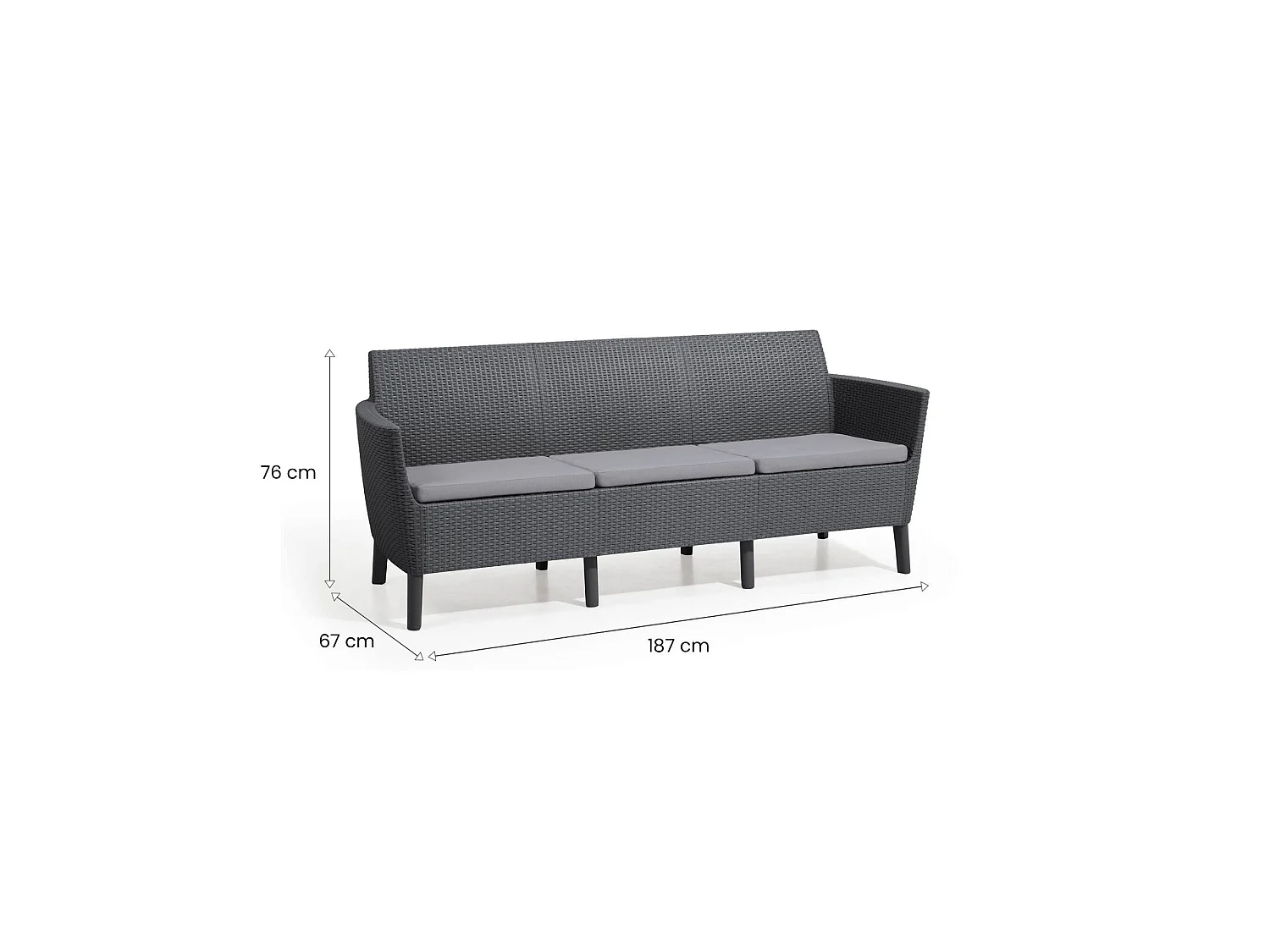 Winnipeg buitensofa, 3-zits, 187x67 cm antracietzwart, uv-bestendig, armleuningen