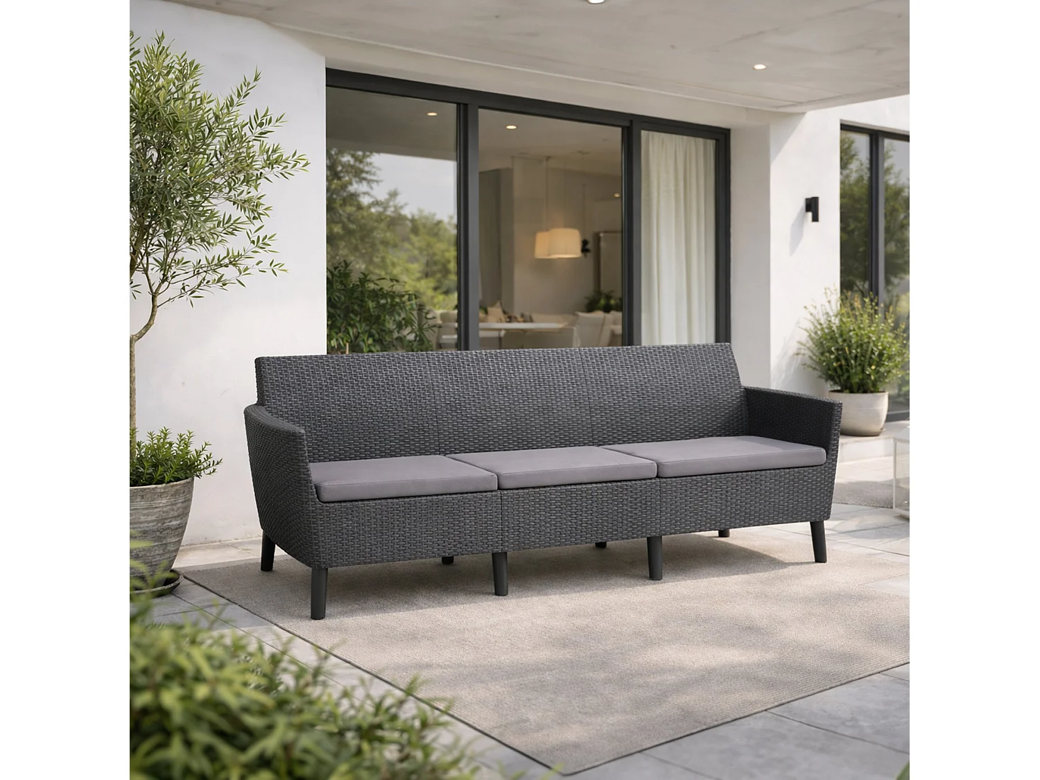 Winnipeg buitensofa, 3-zits, 187x67 cm antracietzwart, uv-bestendig, armleuningen