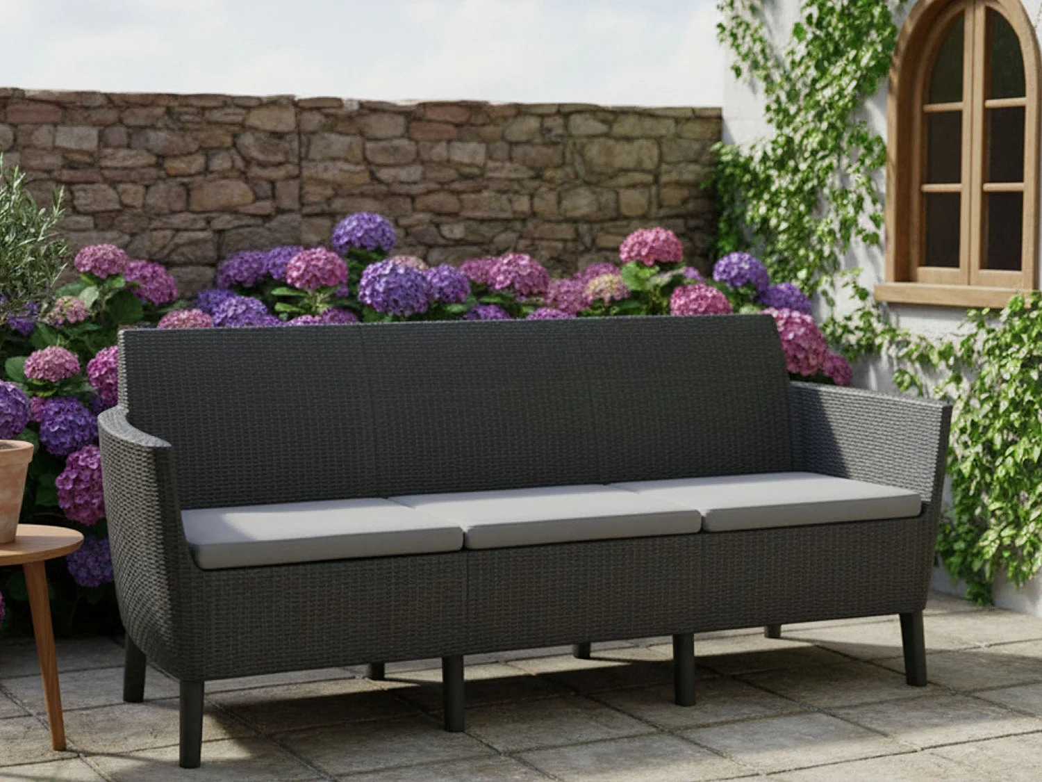 Winnipeg buitensofa, 3-zits, 187x67 cm antracietzwart, uv-bestendig, armleuningen