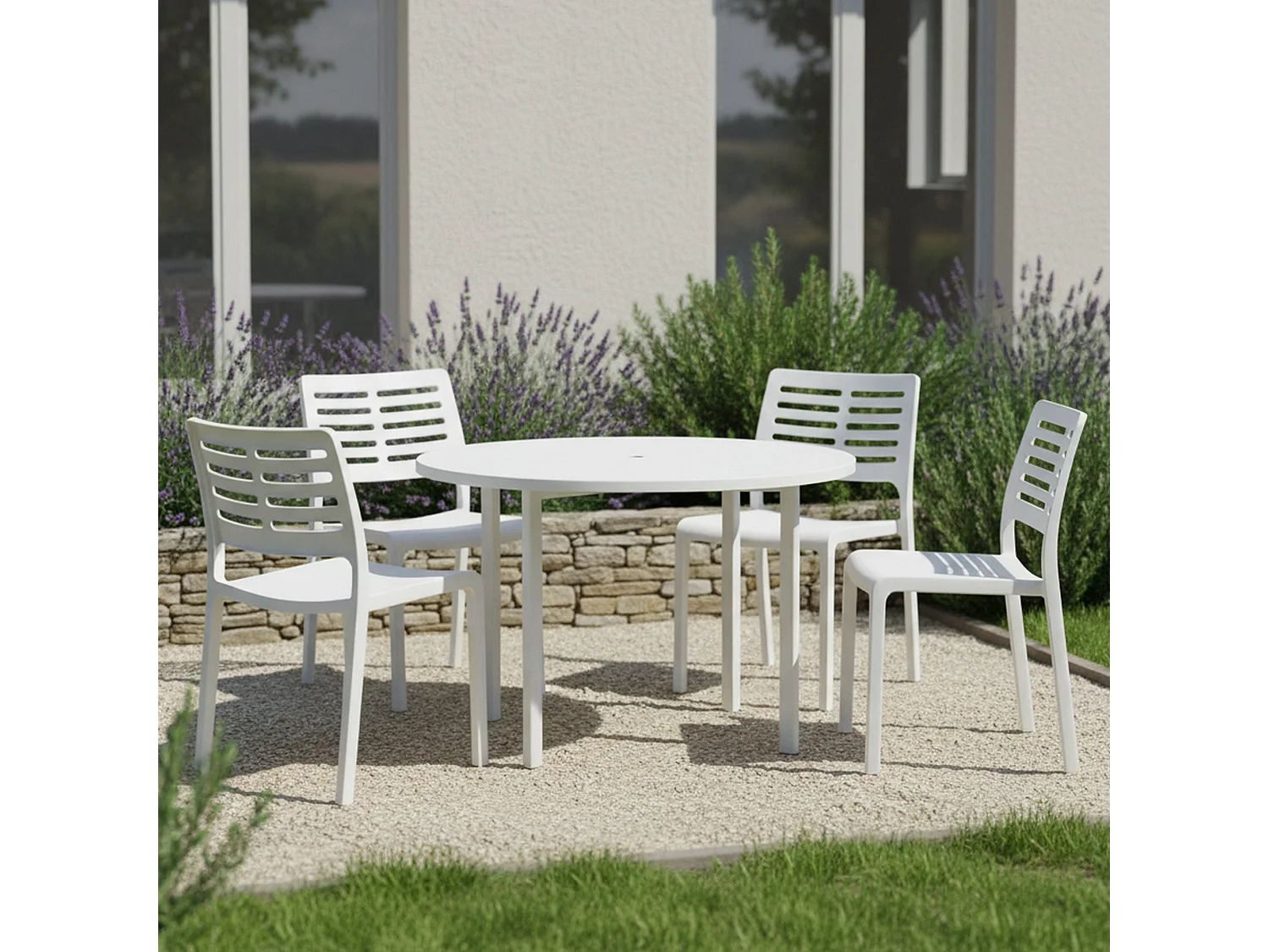 Sedia da Esterno Canoe, 4 Sedie Made in Italy, Bianco, Impilabile, Finitura a Righe