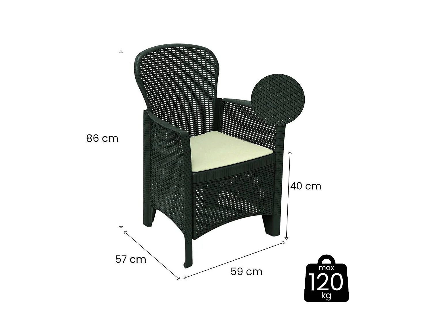 Amilton tuinstoel, 2 stoelen gemaakt in Italië, antracietgrijs, draagvermogen 120 kg, kunststof frame