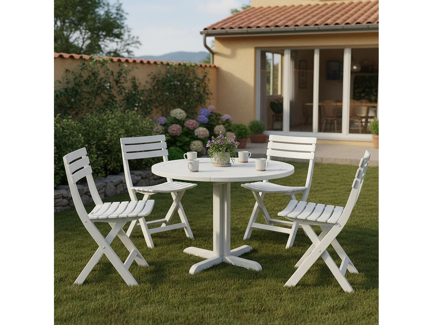 Sedia da Esterno Jennie, 4 Sedie Made in Italy, Bianco, Finitura a Doghe, Pieghevole