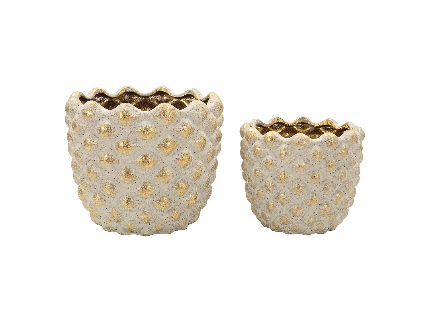 Vaso Taiping, set 2 Vasi, Finitura Geometrica a Rilievo, Beige, Colore Struttura oro, Diametro Vaso Grande: 14, Vaso Piccolo: 9 cm