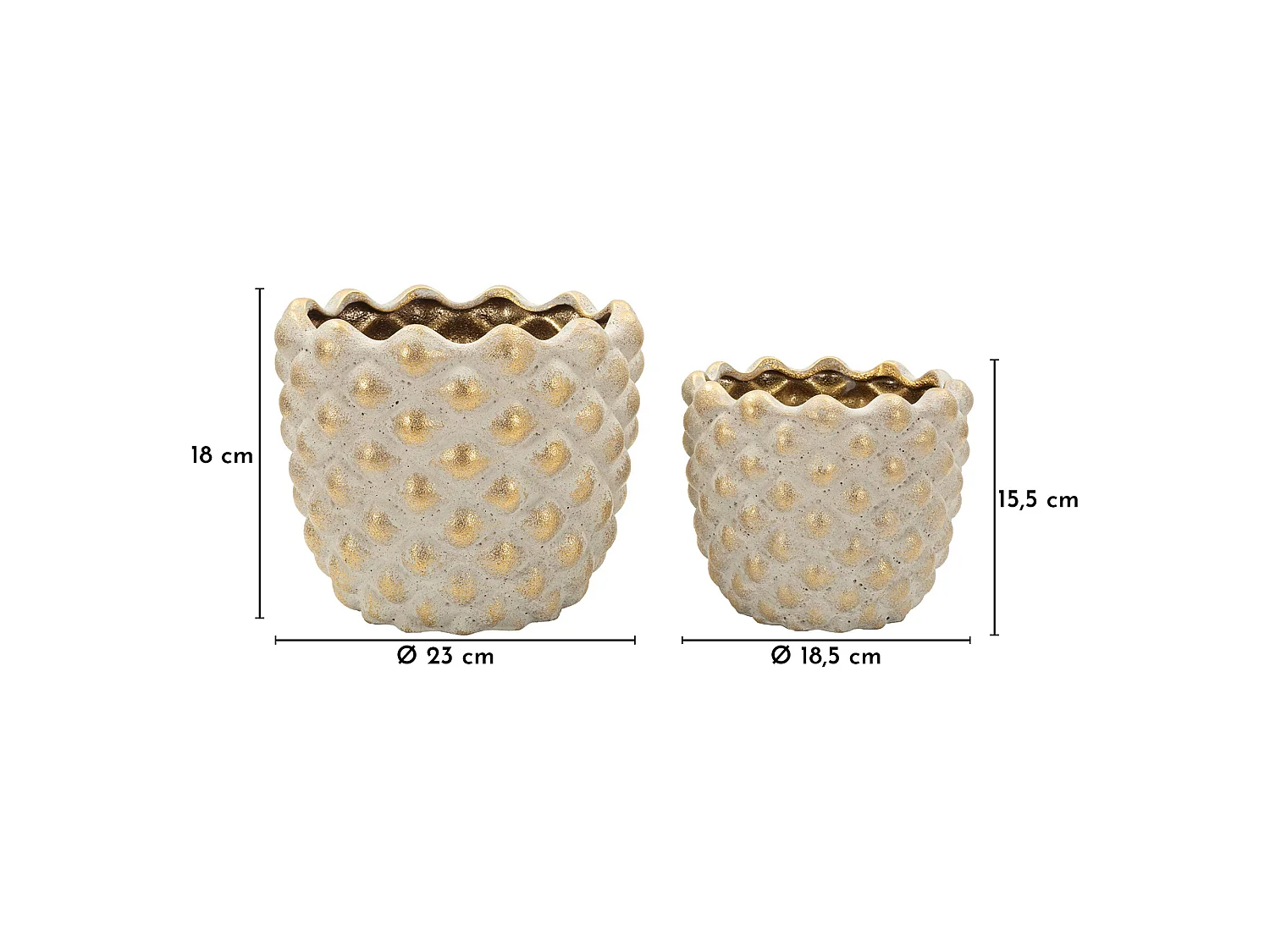 Vaso Taiping, set 2 Vasi, Finitura Geometrica a Rilievo, Beige, Colore Struttura oro, Diametro Vaso Grande: 14, Vaso Piccolo: 9 cm