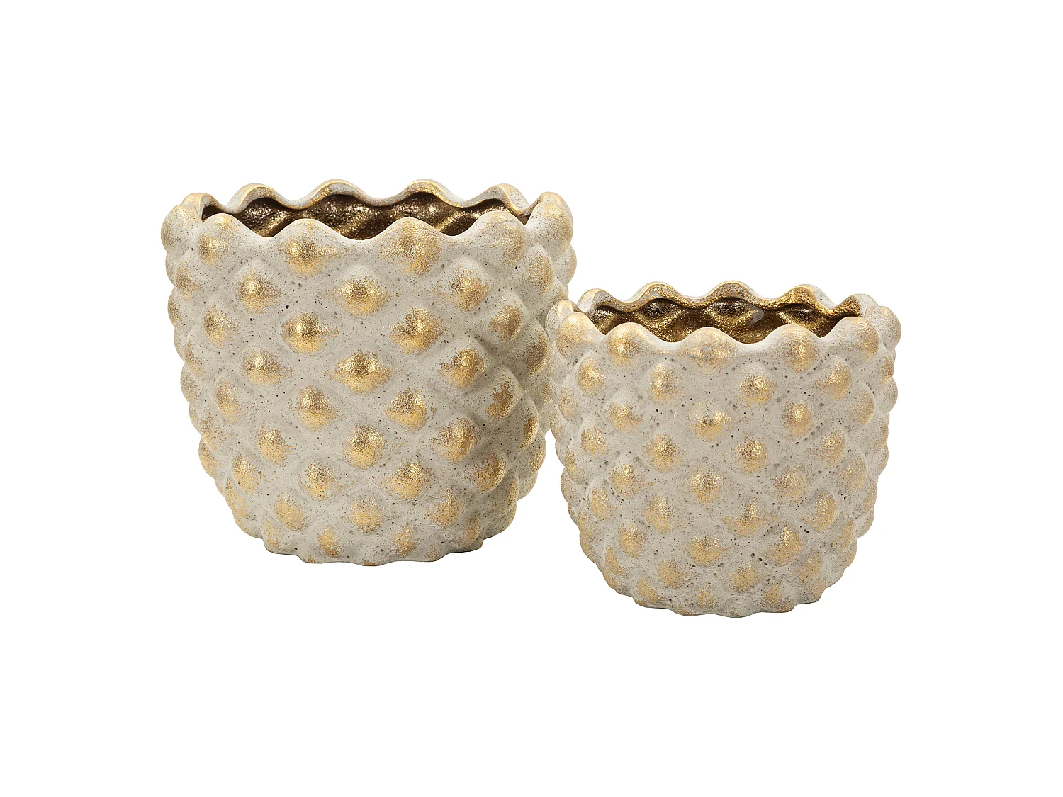 Vaso Taiping, set 2 Vasi, Finitura Geometrica a Rilievo, Beige, Colore Struttura oro, Diametro Vaso Grande: 14, Vaso Piccolo: 9 cm