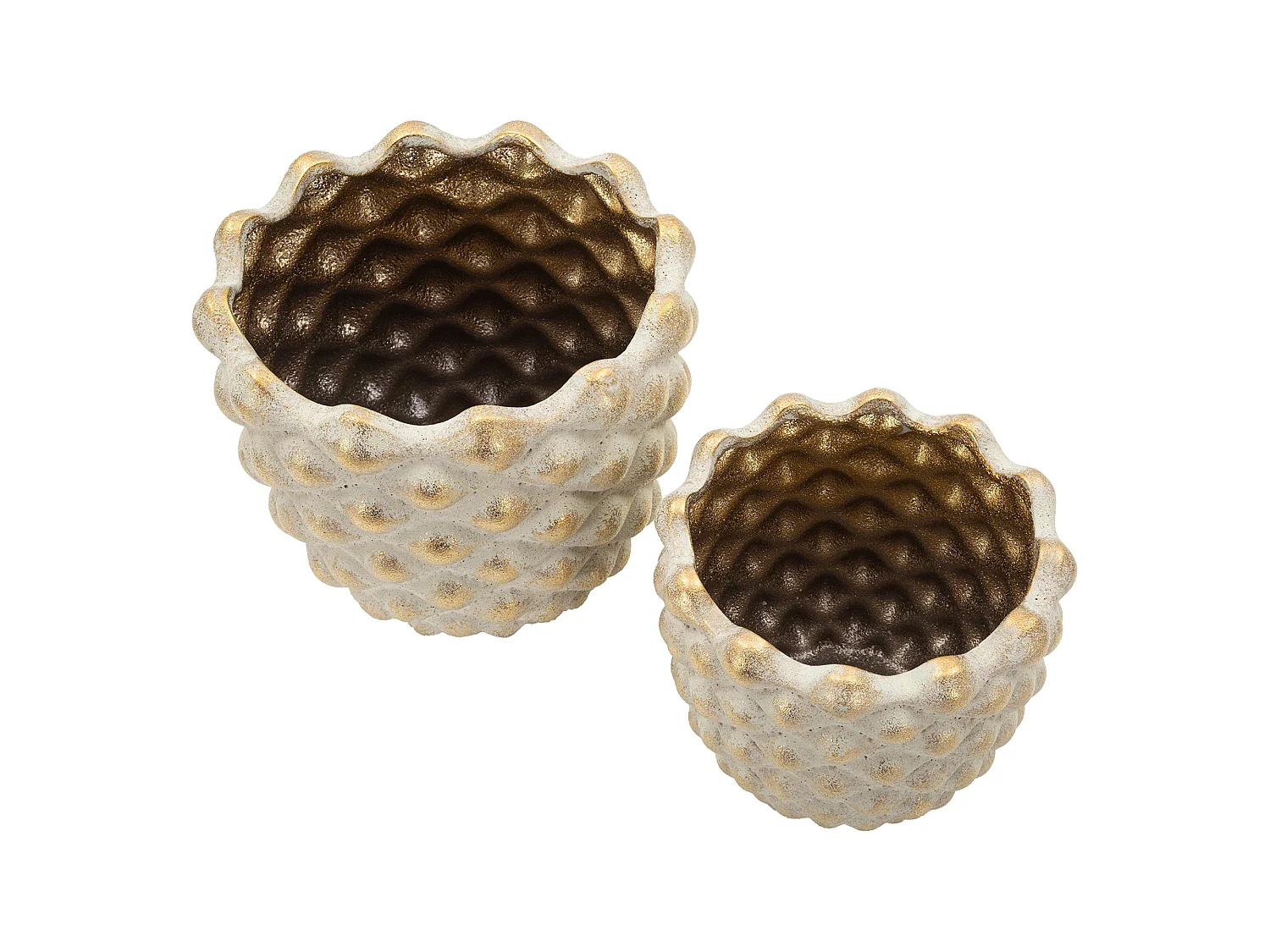 Vaso Taiping, set 2 Vasi, Finitura Geometrica a Rilievo, Beige, Colore Struttura oro, Diametro Vaso Grande: 14, Vaso Piccolo: 9 cm