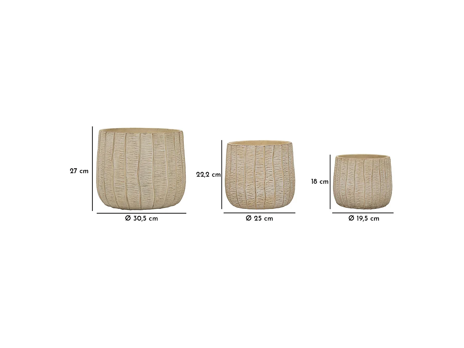 Vaso Bava, Texture Verticale Effetto Legno, Beige, Diametro Vaso Grande: 26.5, Vaso Medio: 20.5, Vaso Piccolo: 16.5 cm