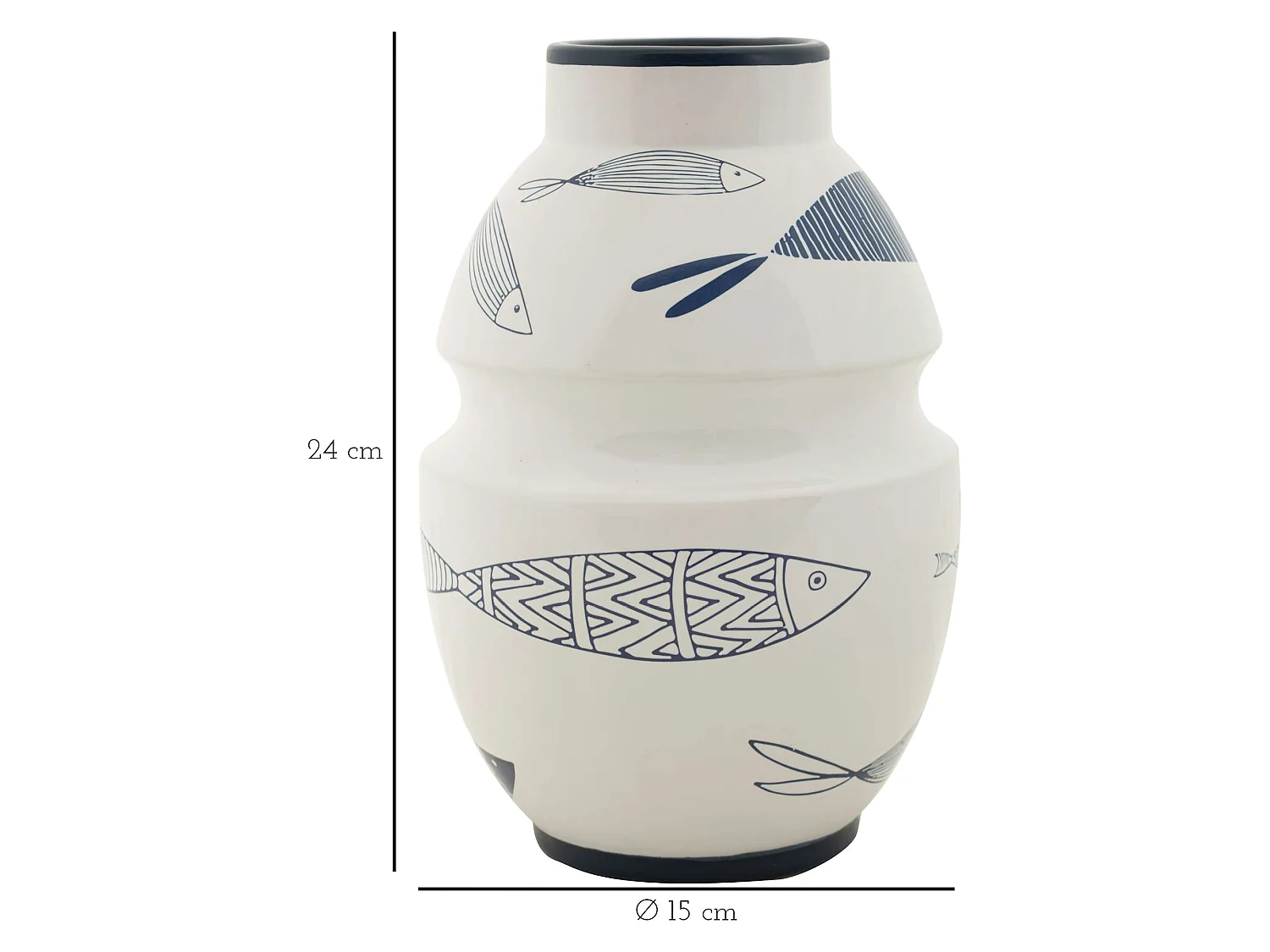 Vase Aurel, Motifs avec Poissons, Blanc, Structure bleue, Diamètre 6 cm