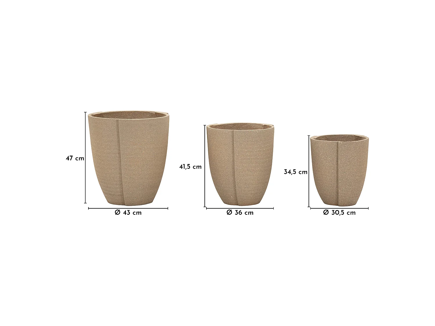 Vase Gabava, ensemble 3 vases, Marron, Diamètre Grand Vase: 39, Moyen: 33, Petit: 27 cm