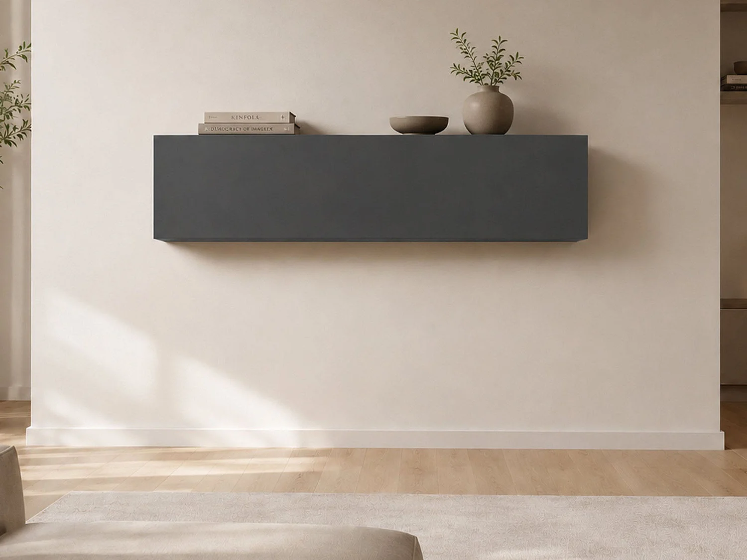 Mueble colgante Anette, 1 puerta, fabricado en Italia, 180x40h cm negro antracita, 2 compartimentos, apertura abatible