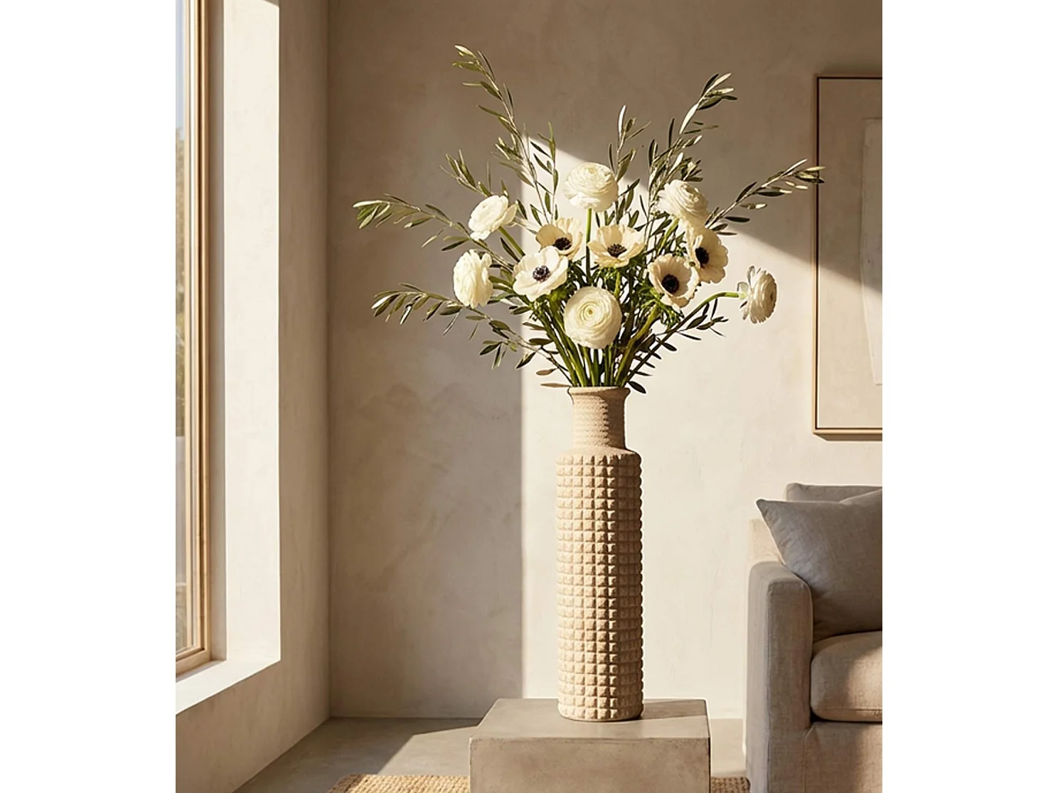 Vase Fati, Finition Effet Sable, Beige, Diamètre 14 cm